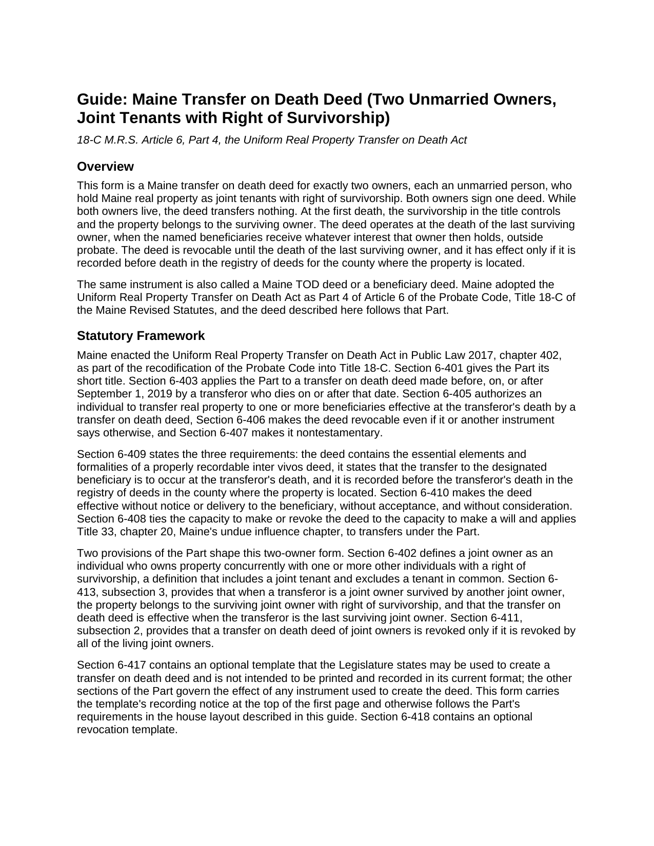 Hancock County Transfer on Death Deed (Two Unmarried Owners, Joint Tenants with Right of Survivorship) Guide
