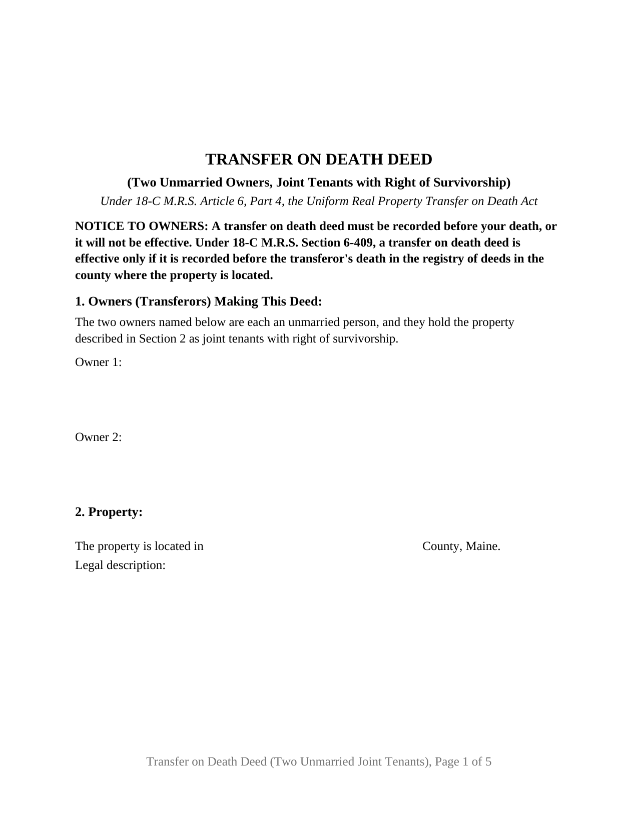 Hancock County Transfer on Death Deed (Two Unmarried Owners, Joint Tenants with Right of Survivorship) Form