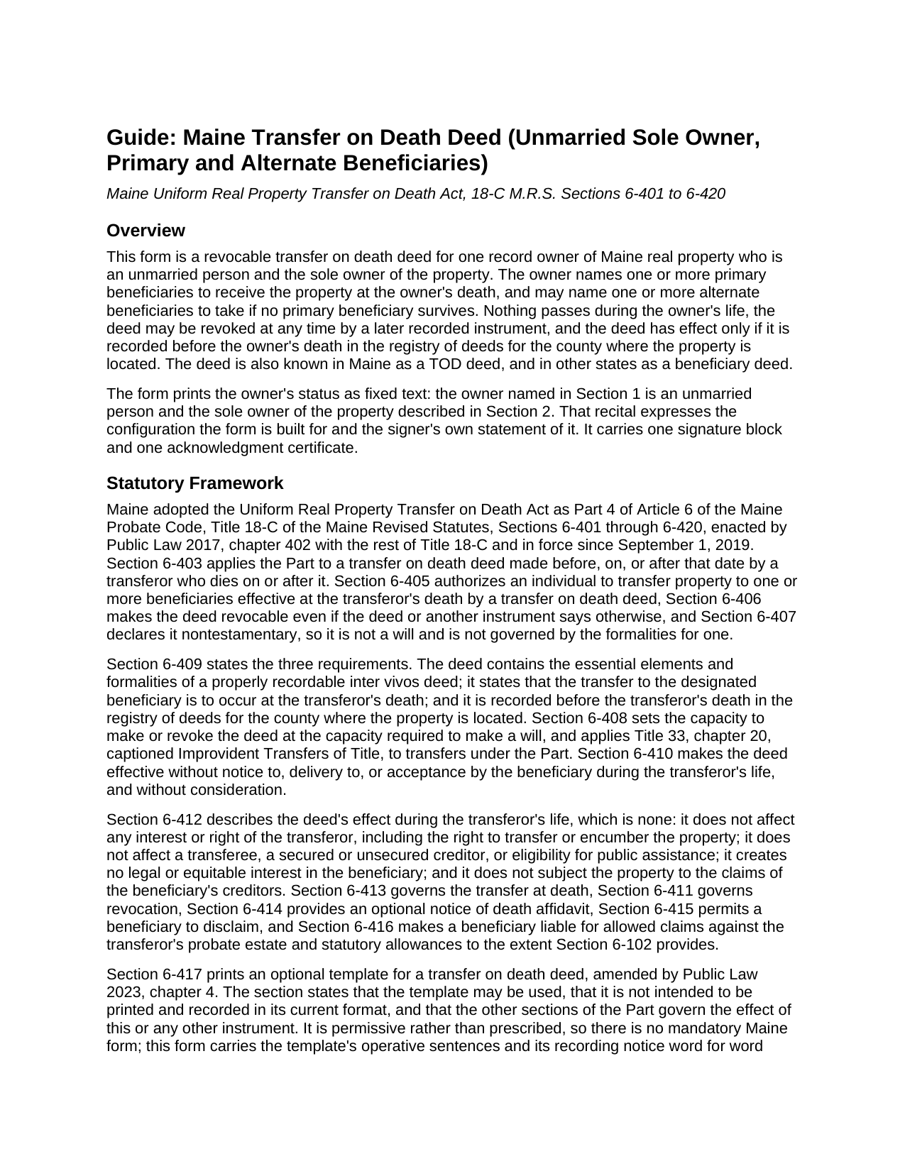 Androscoggin County Transfer on Death Deed (Unmarried Sole Owner, Primary and Alternate Beneficiaries) Guide