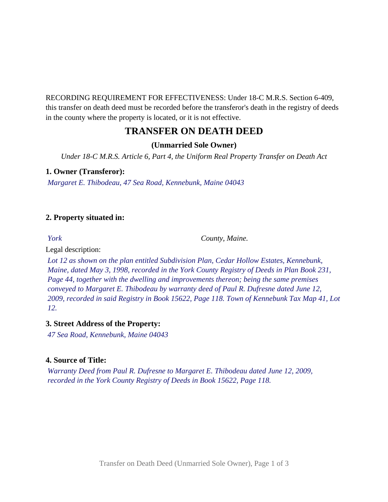 Waldo County Completed Example of the Transfer on Death Deed (Unmarried Sole Owner) Document