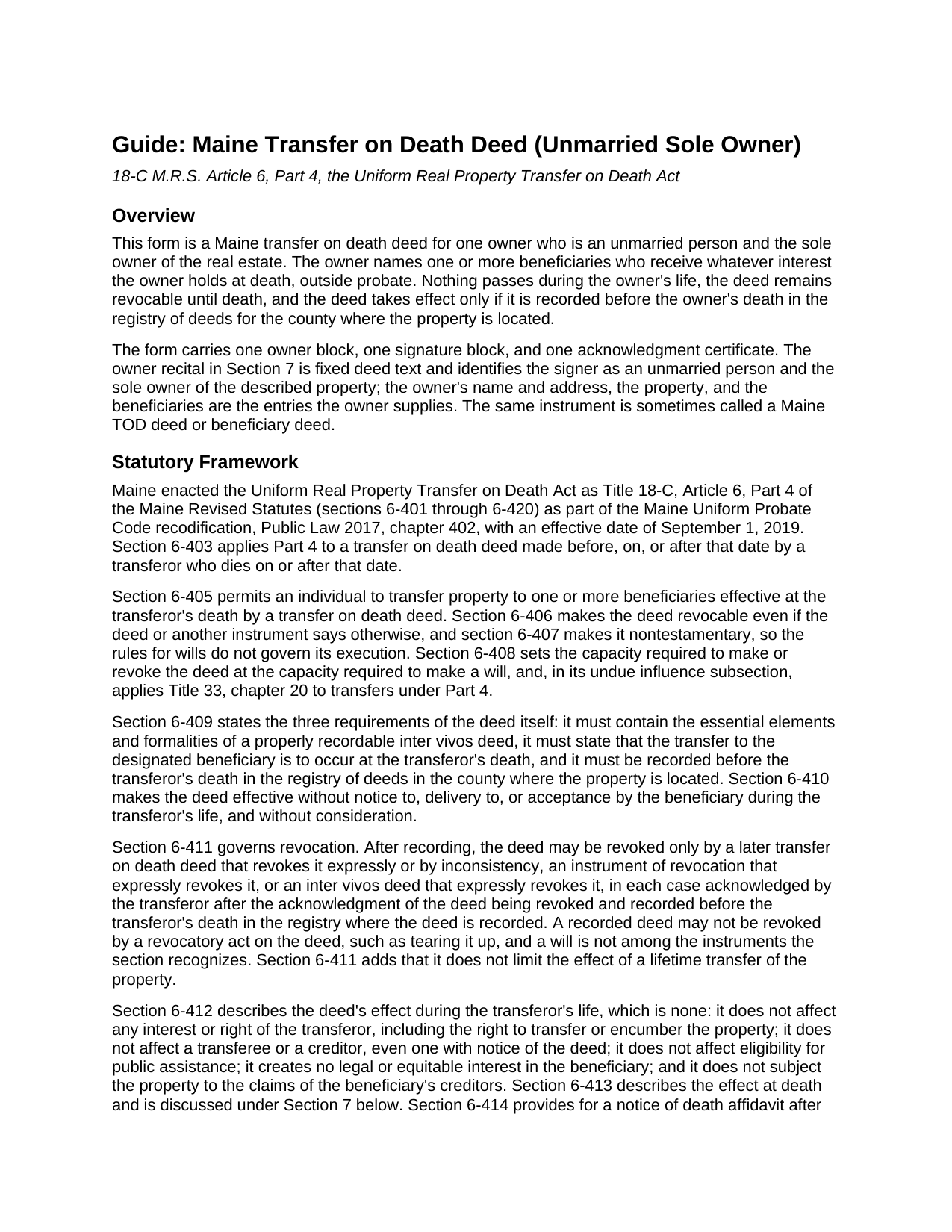 Waldo County Transfer on Death Deed (Unmarried Sole Owner) Guide