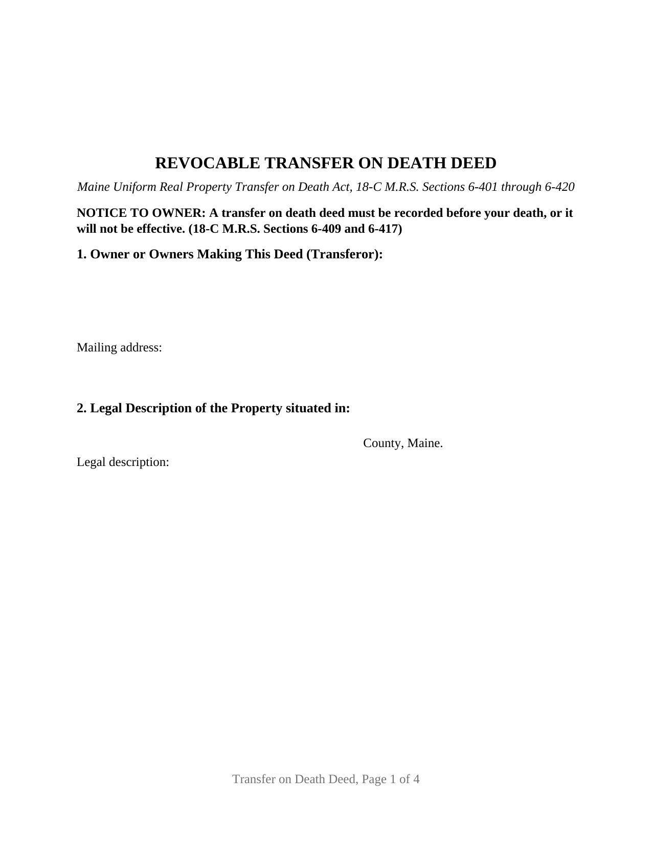 Waldo County Transfer on Death Deed Form