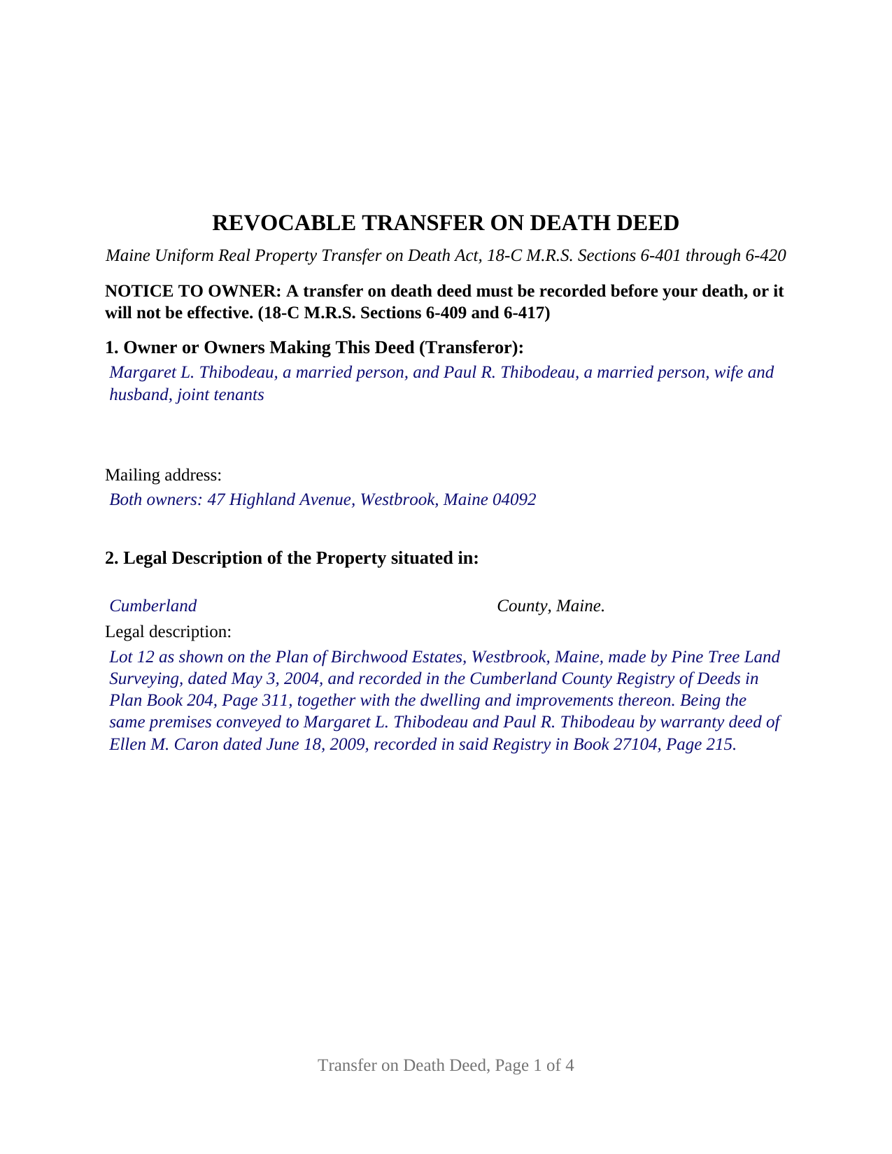Waldo County Completed Example of the Transfer on Death Deed Document