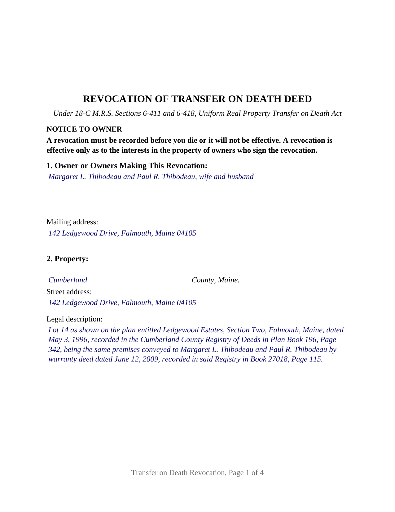 Piscataquis County Completed Example of the Transfer on Death Revocation Document