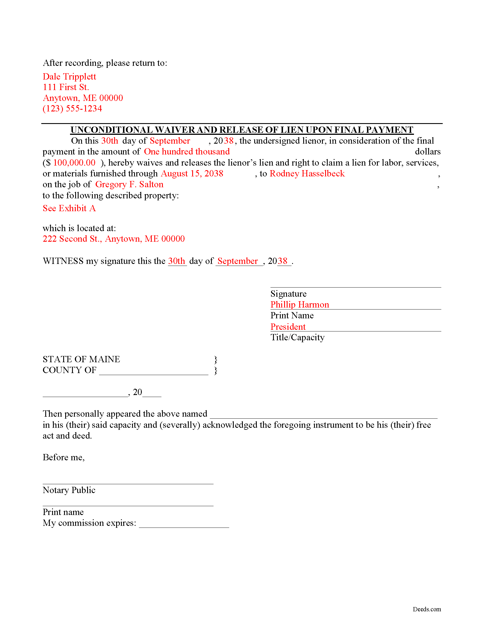 Completed Example of the Unconditional Lien Waiver on Final Payment Document