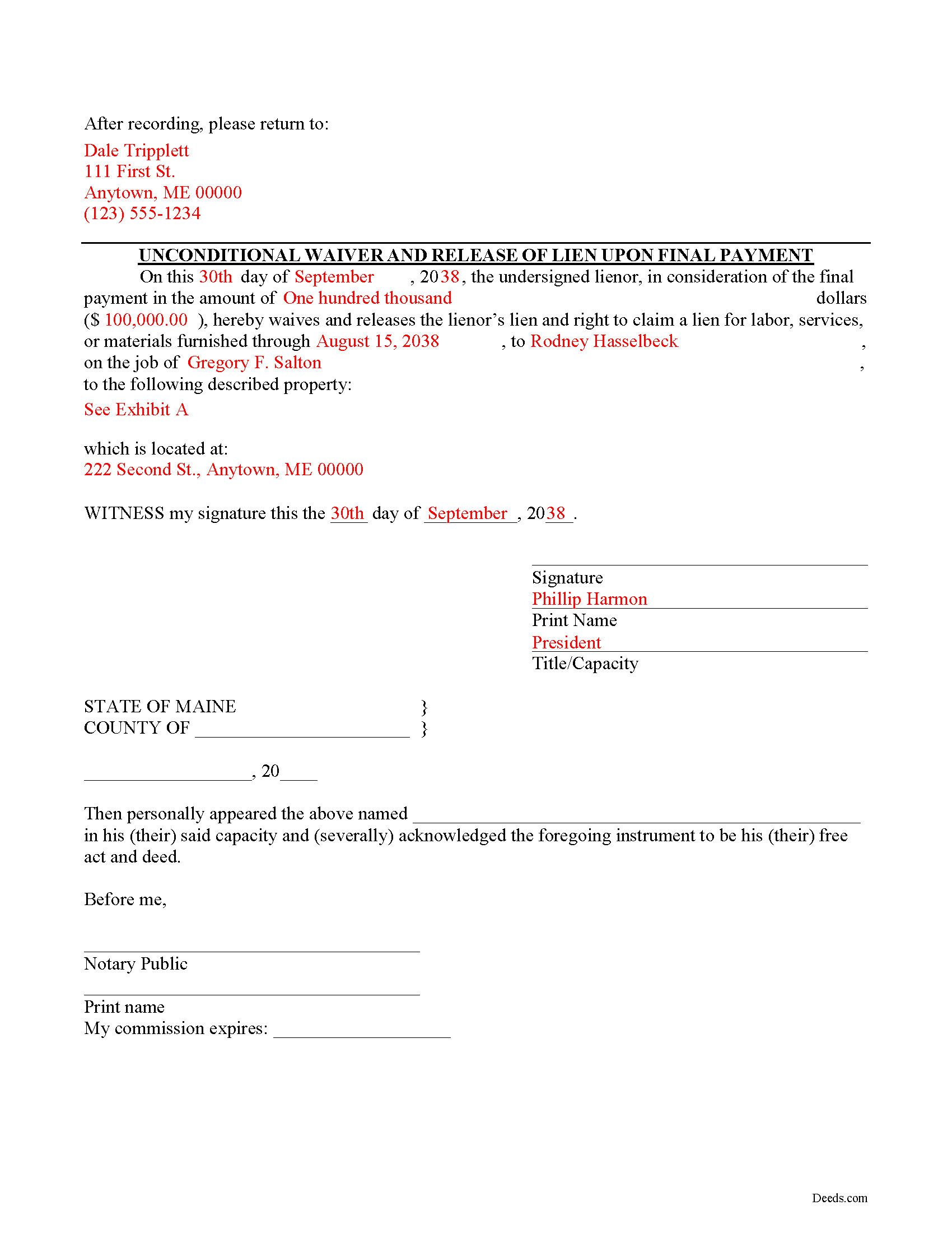 Kennebec County Completed Example of the Unconditional Lien Waiver on Final Payment Document
