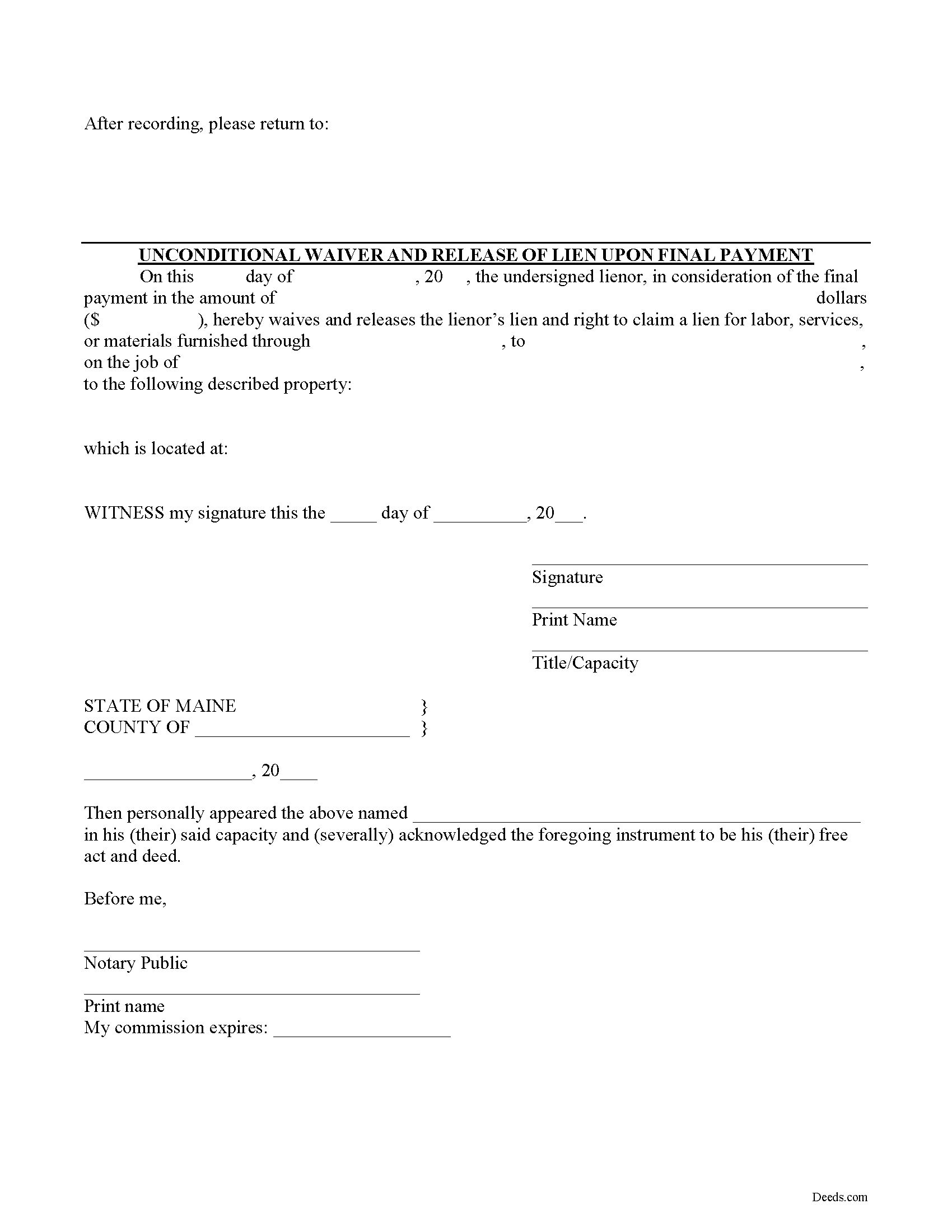 Kennebec County Unconditional Lien Waiver on Final Payment Form