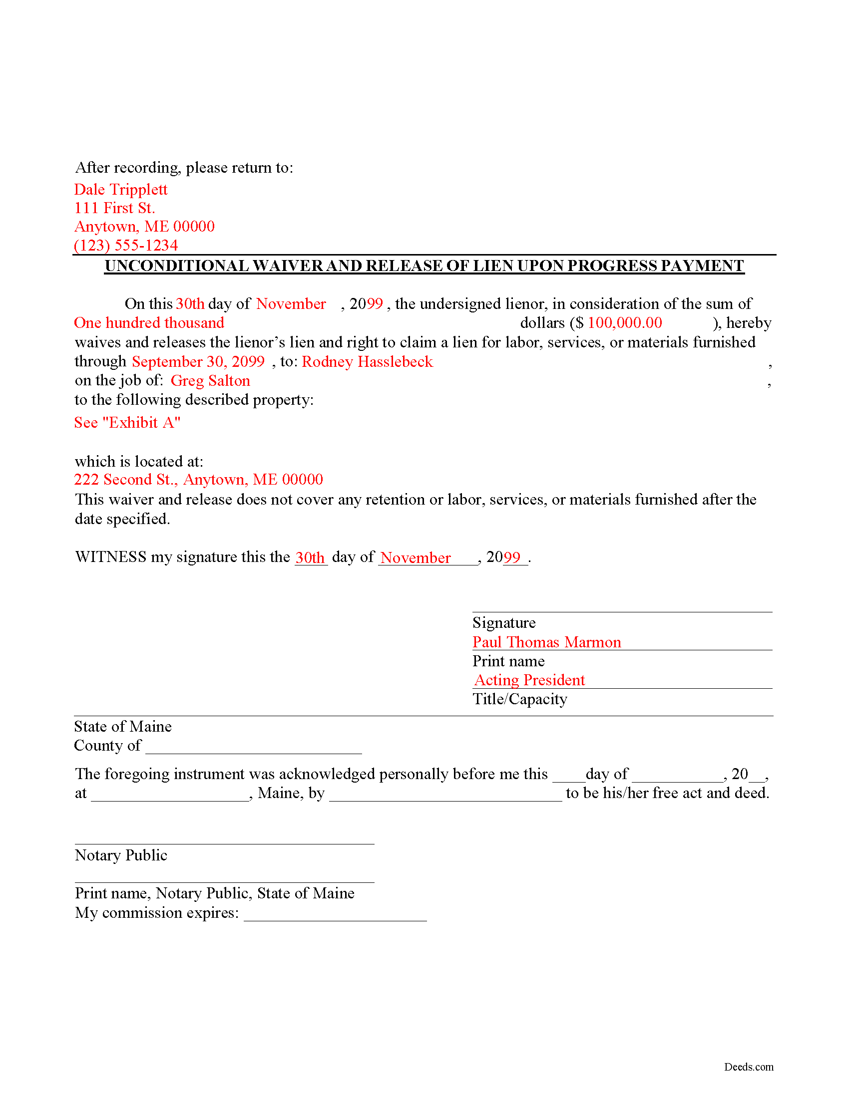 Completed Example of the Unconditional Waiver and Release of Lien upon Progress Payment Form