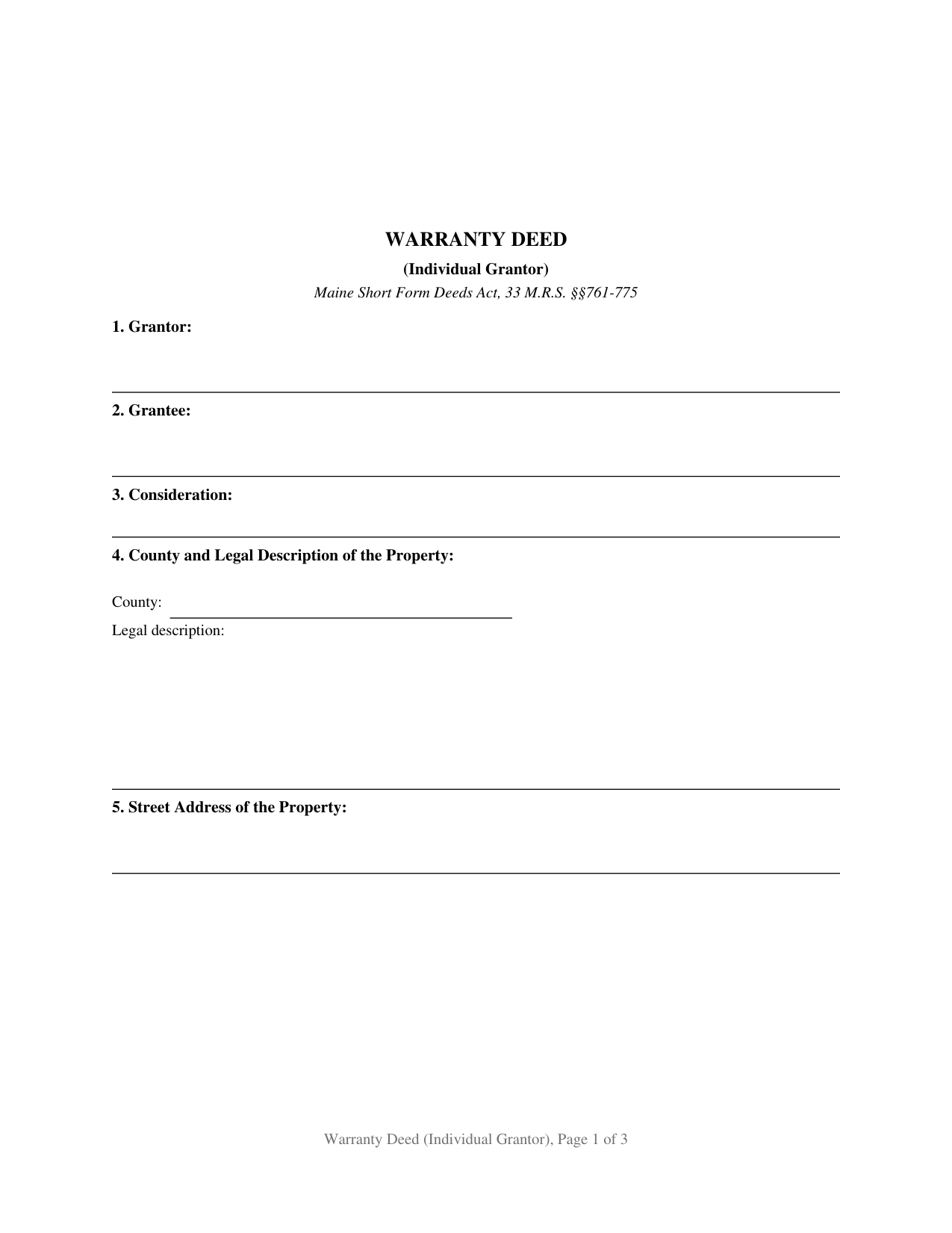 Aroostook County Warranty Deed (Individual Grantor) Form