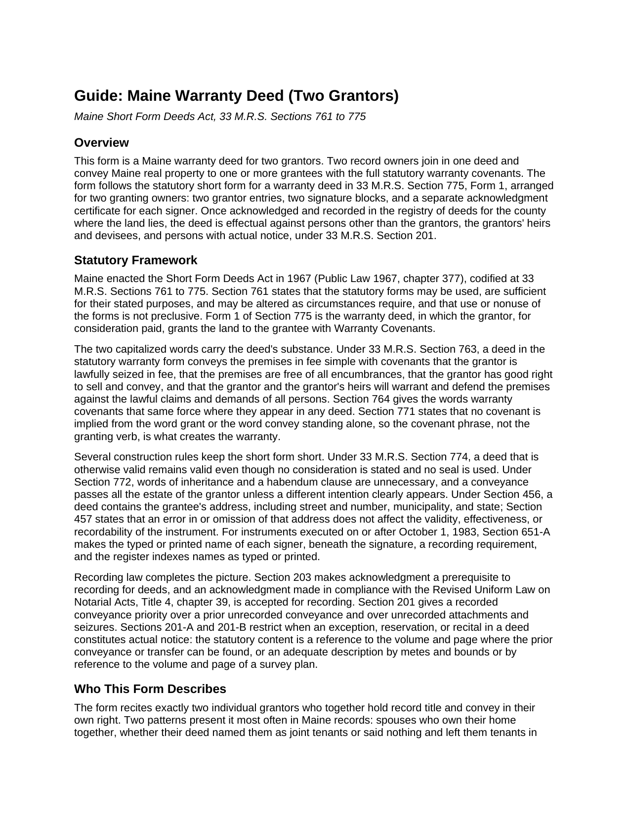 Oxford County Warranty Deed (Two Grantors) Guide