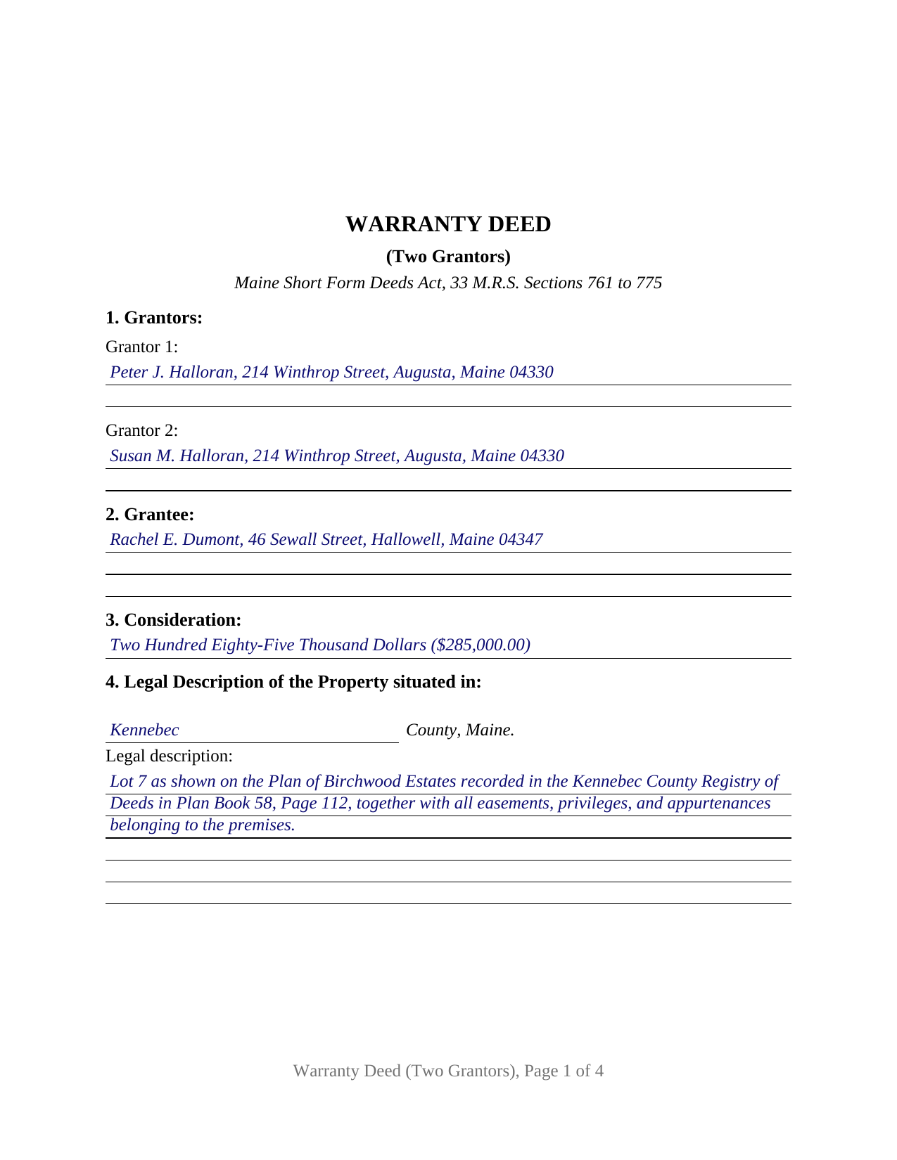 Oxford County Completed Example of the Warranty Deed (Two Grantors) Document