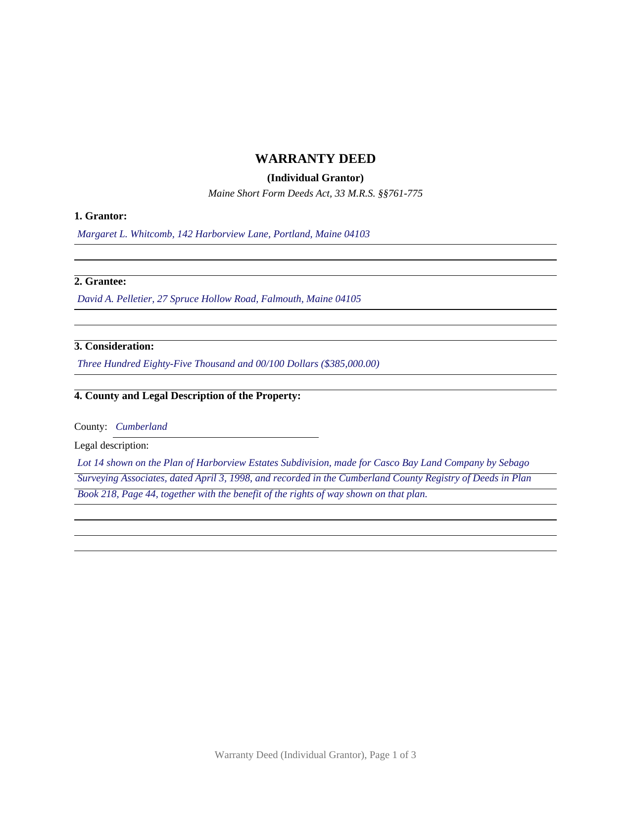 Sagadahoc County Completed Example of the Warranty Deed Document