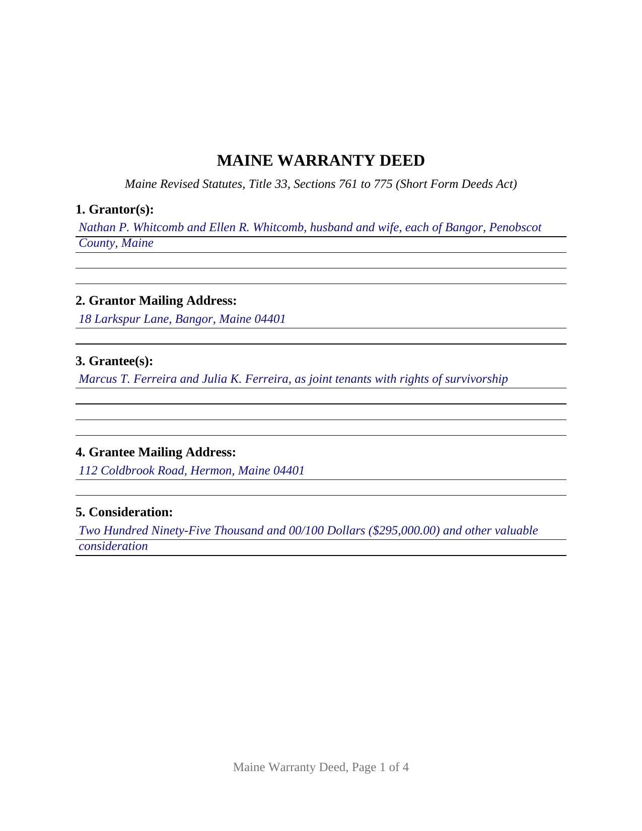 Washington County Completed Example of the Warranty Deed Document