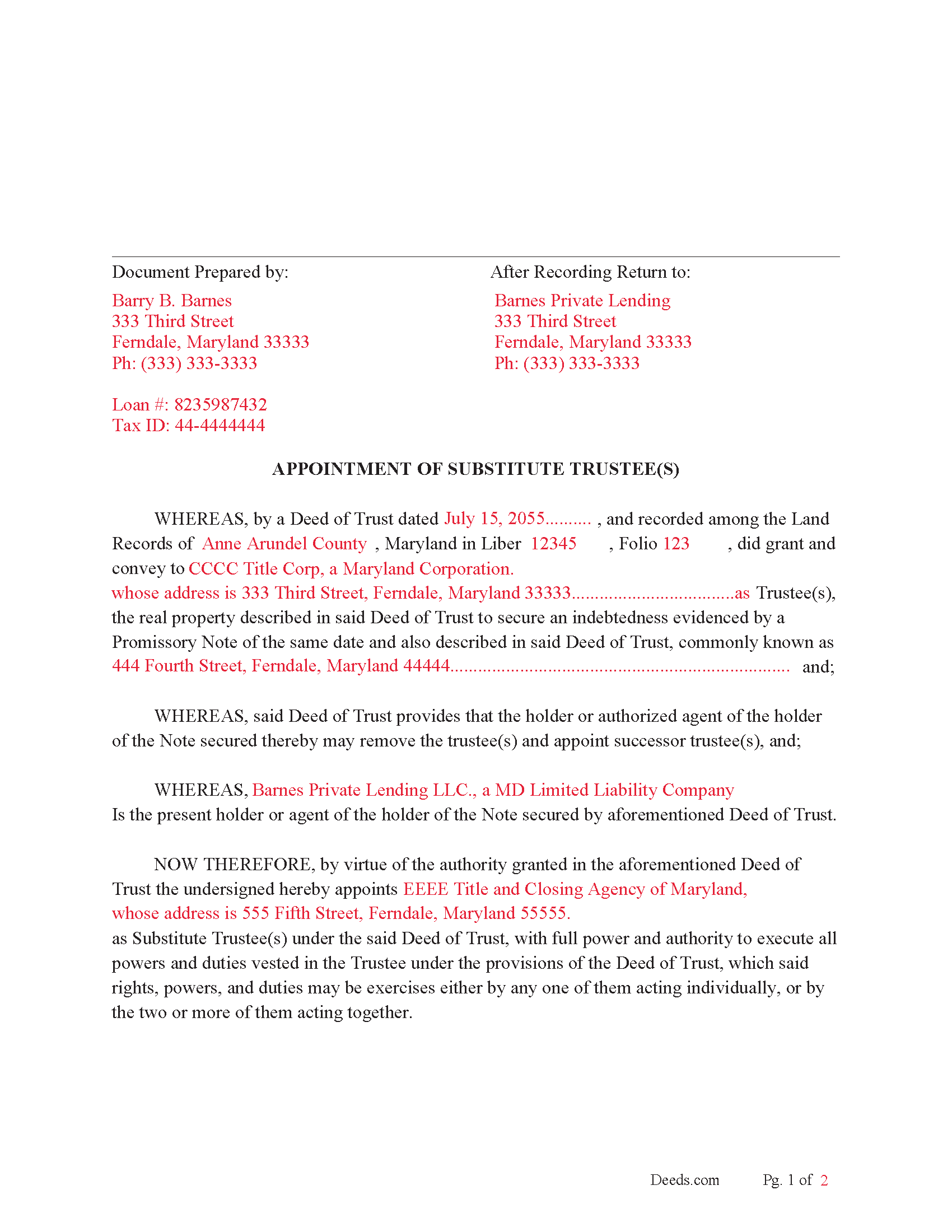 Anne Arundel County Completed Example of the Appointment of Substitute Trustee(s) document