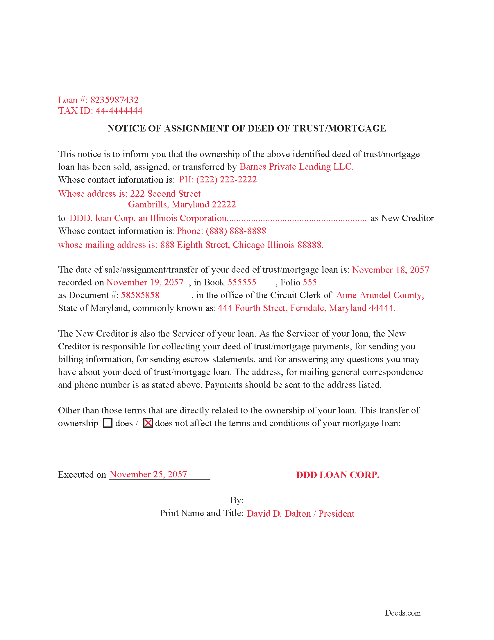 Completed Example of the Assignment of Deed of Trust-Mortgage Document