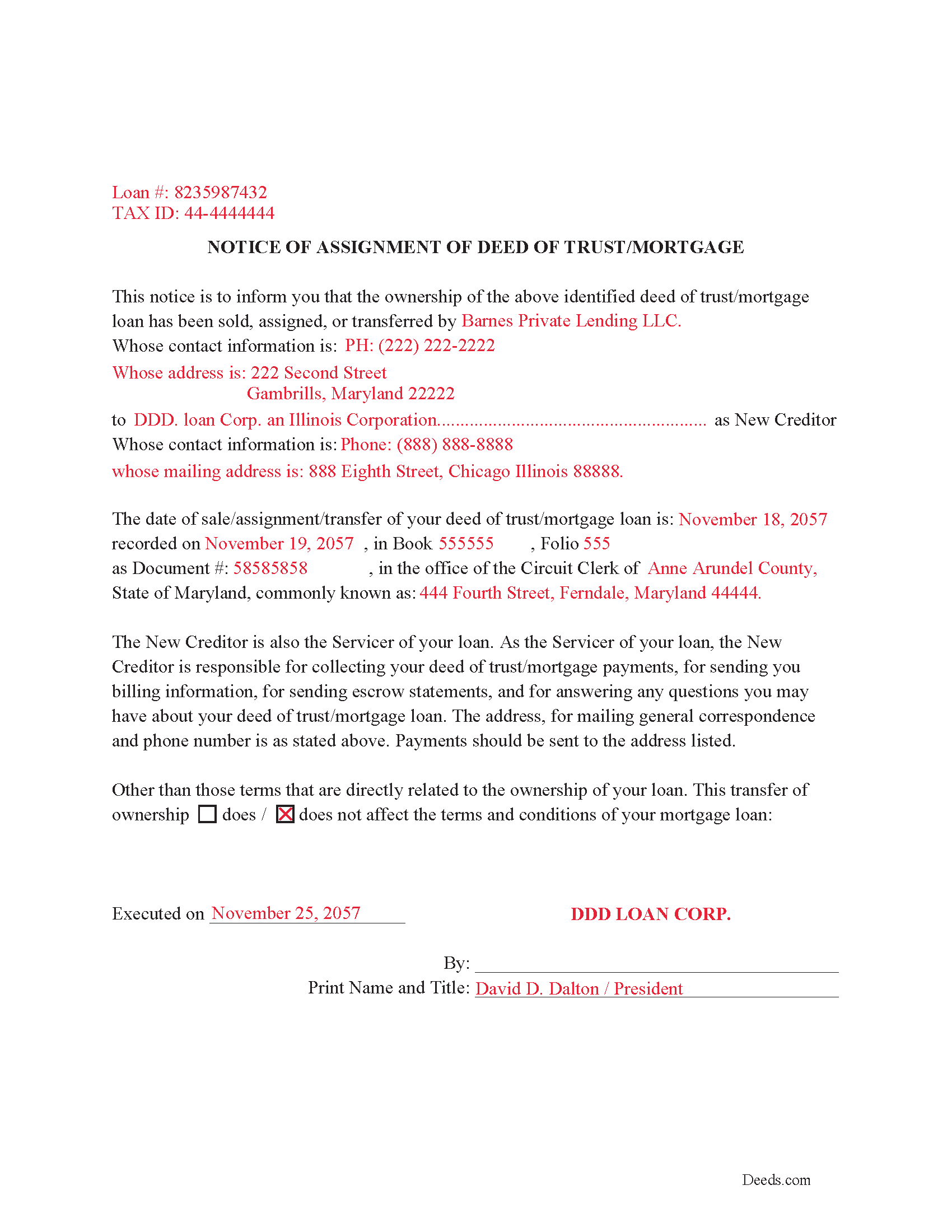 Dorchester County Completed Example of the Assignment of Deed of Trust-Mortgage Document