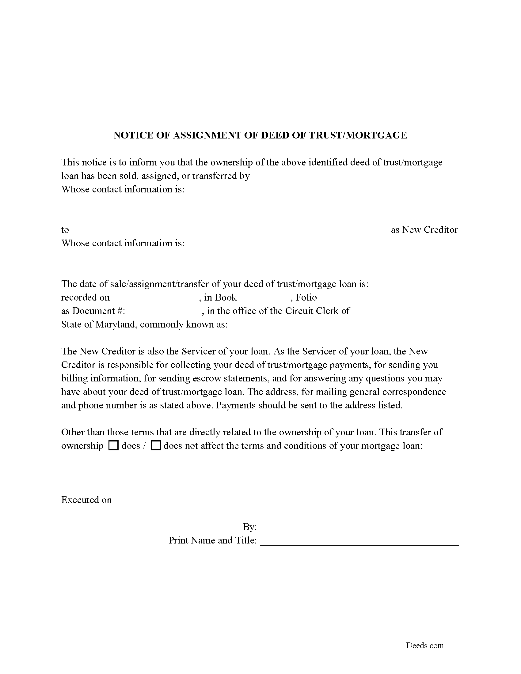 Dorchester County Notice of Assignment of Deed of Trust or Mortgage Form