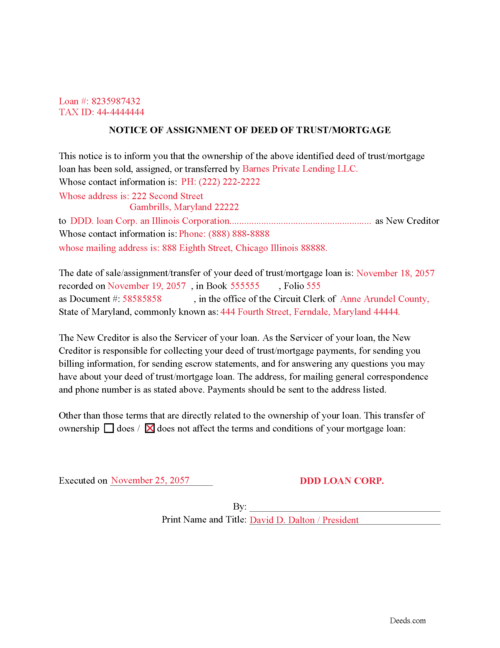 Dorchester County Completed Example of the Notice of Assignment Document