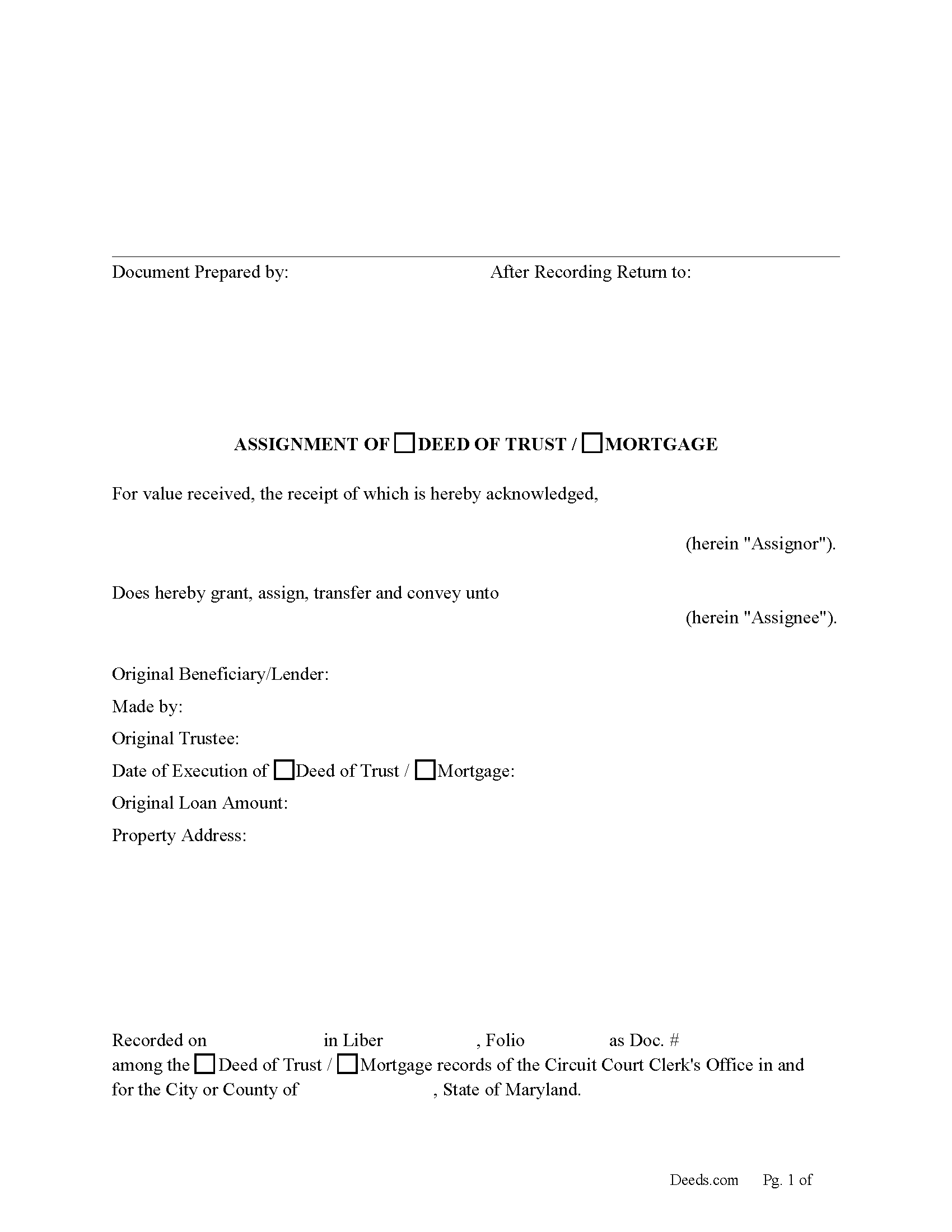 Dorchester County Assignment of Deed of Trust or Mortgage Form