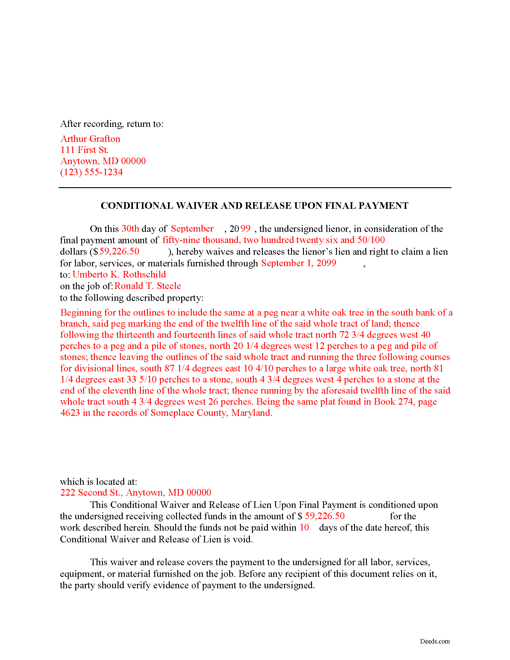 Completed Example of the Conditional Lien Waiver on Final Payment Document