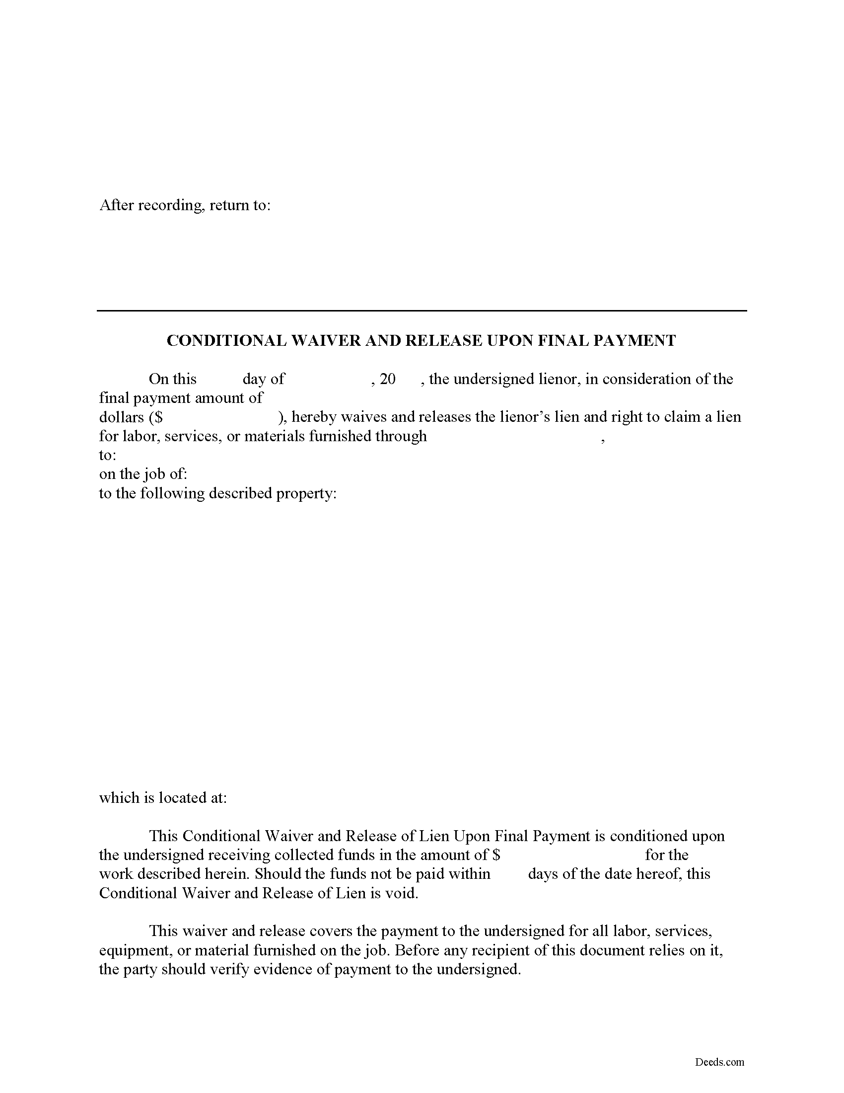 Cecil County Conditional Lien Waiver on Final Payment Form