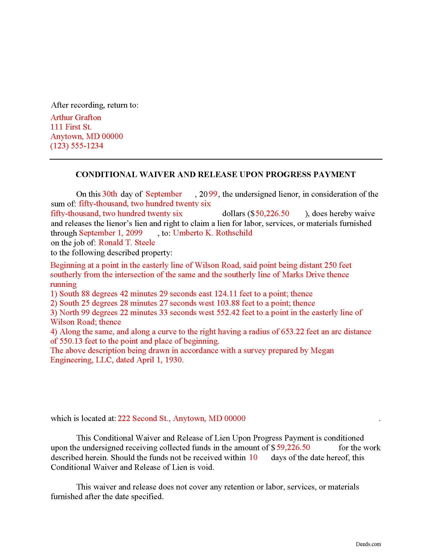 Completed Example of the Conditional Lien Waiver on Progress Payment Document