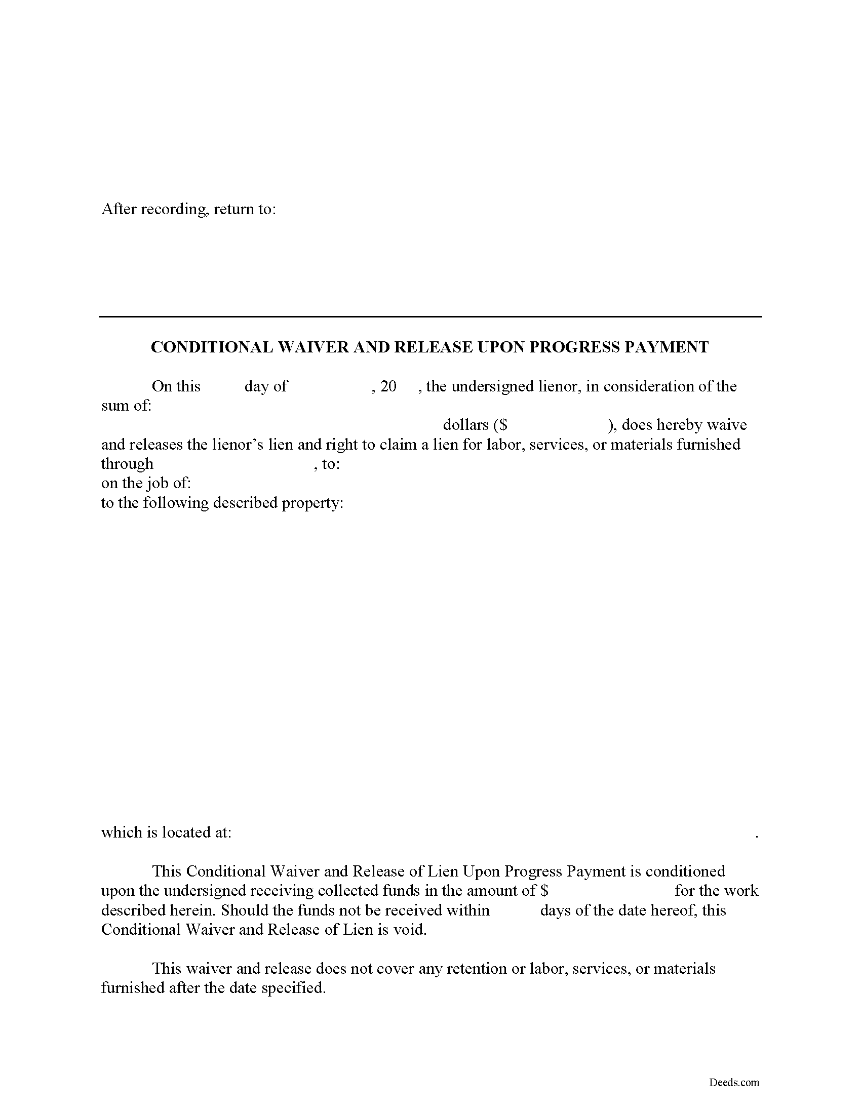 Carroll County Conditional Lien Waiver on Progress Payment Form