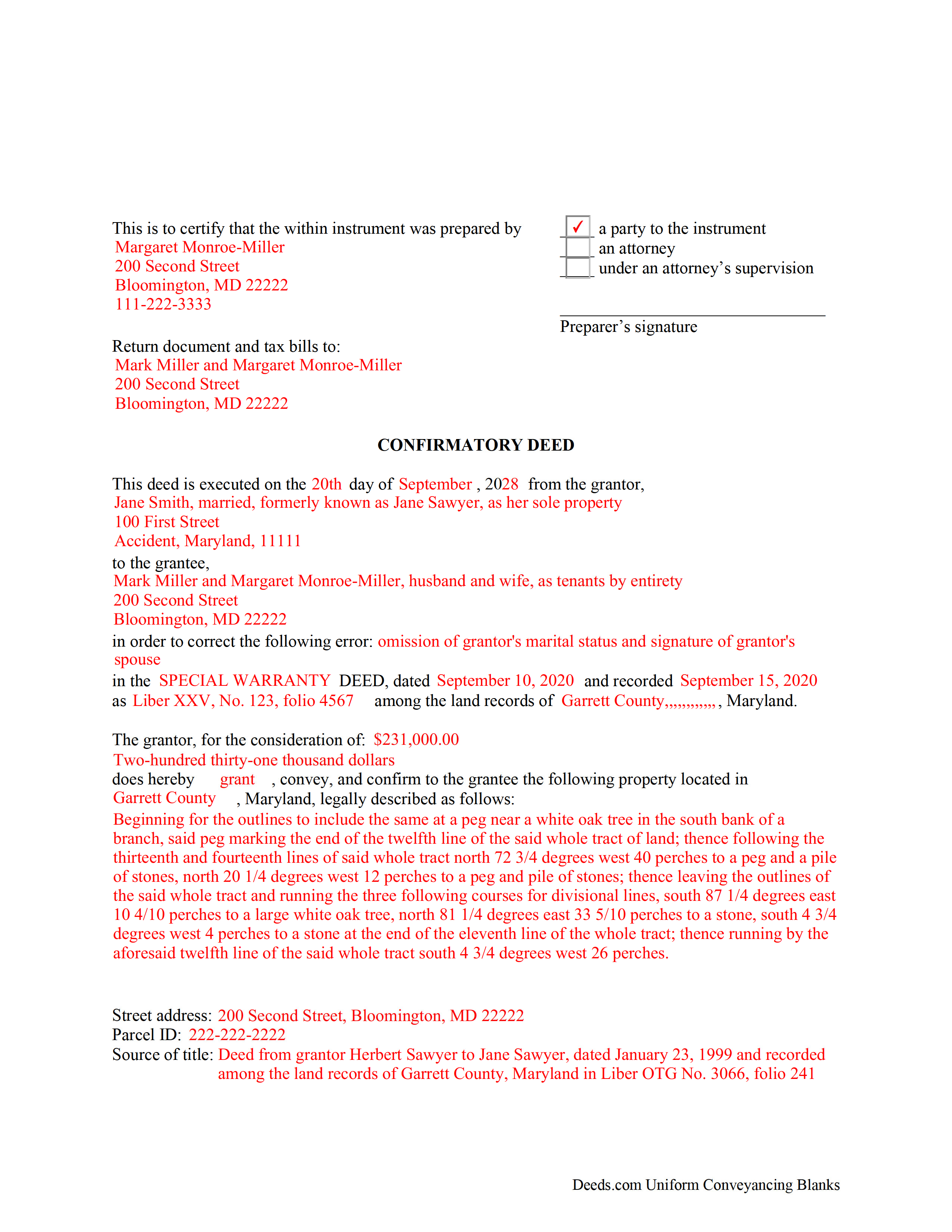 Completed Example of the Correction Deed Document