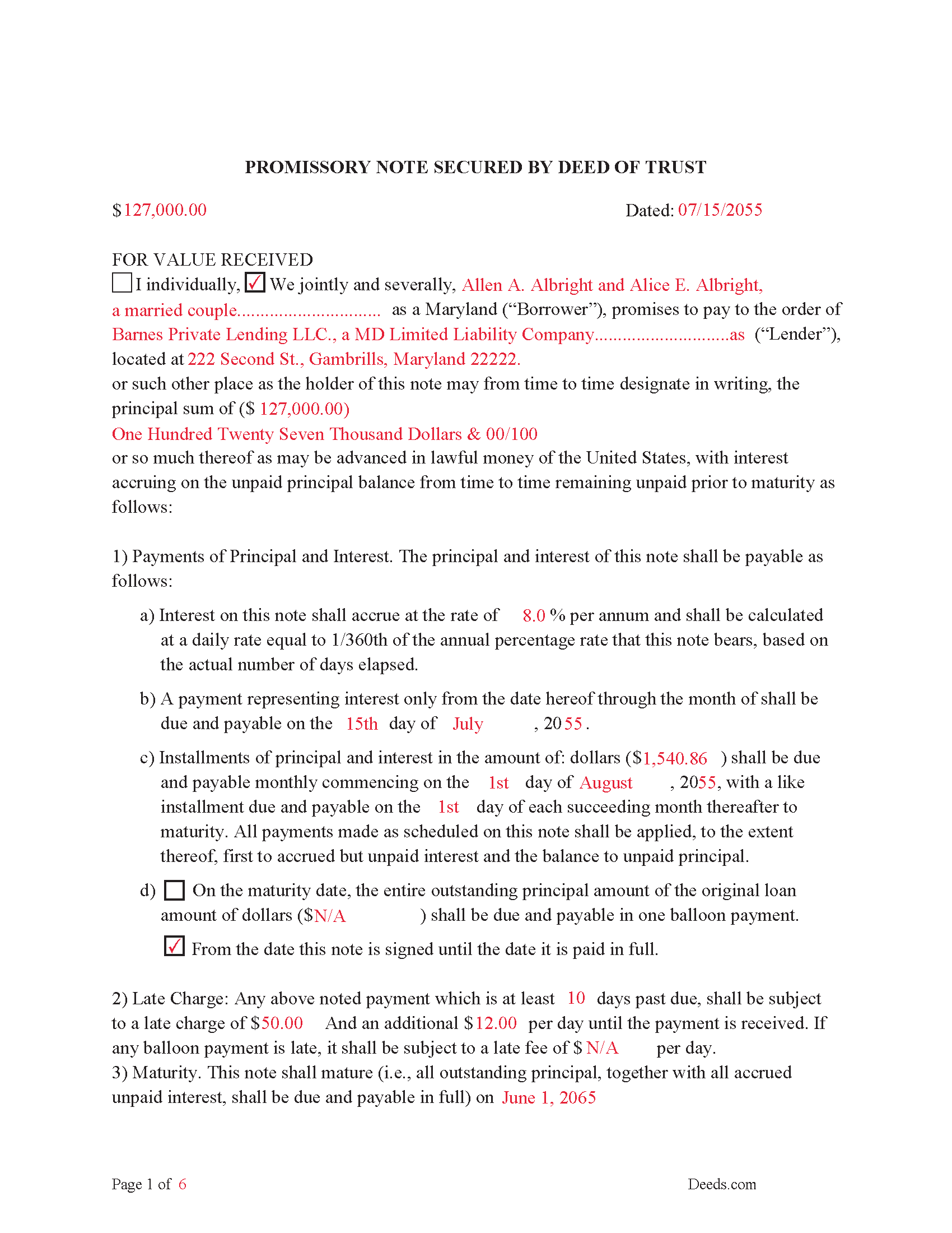 Somerset County Completed Example of the Promissory Note Document