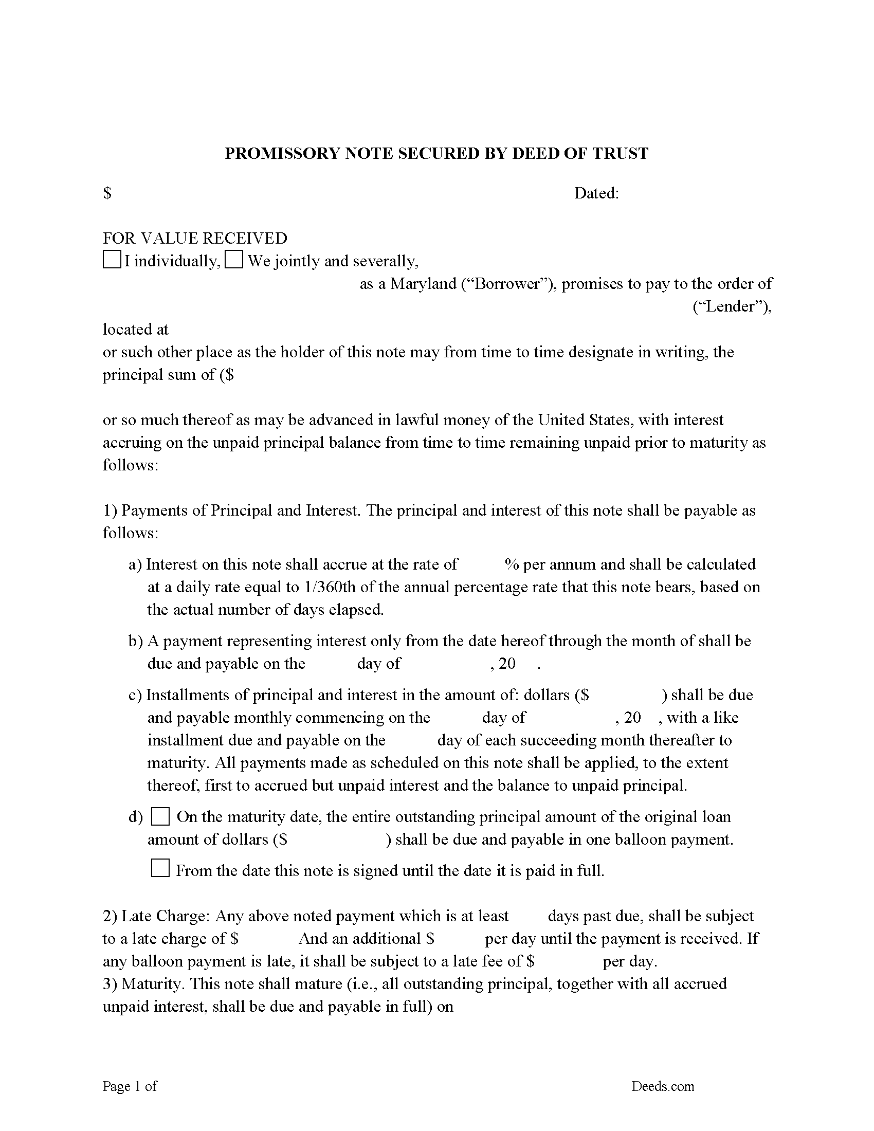 Somerset County Promissory Note Form