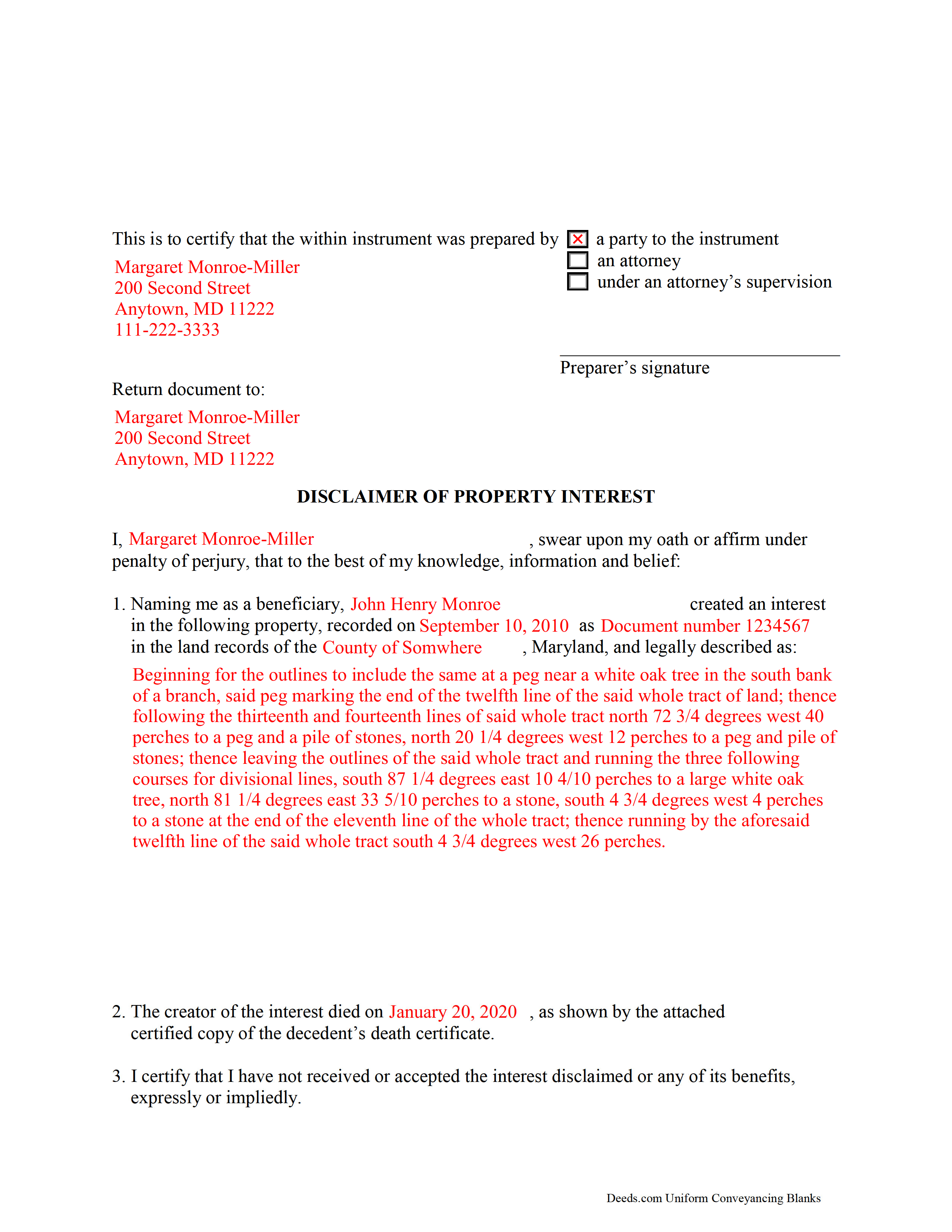 Completed Example of the Disclaimer of Interest Document