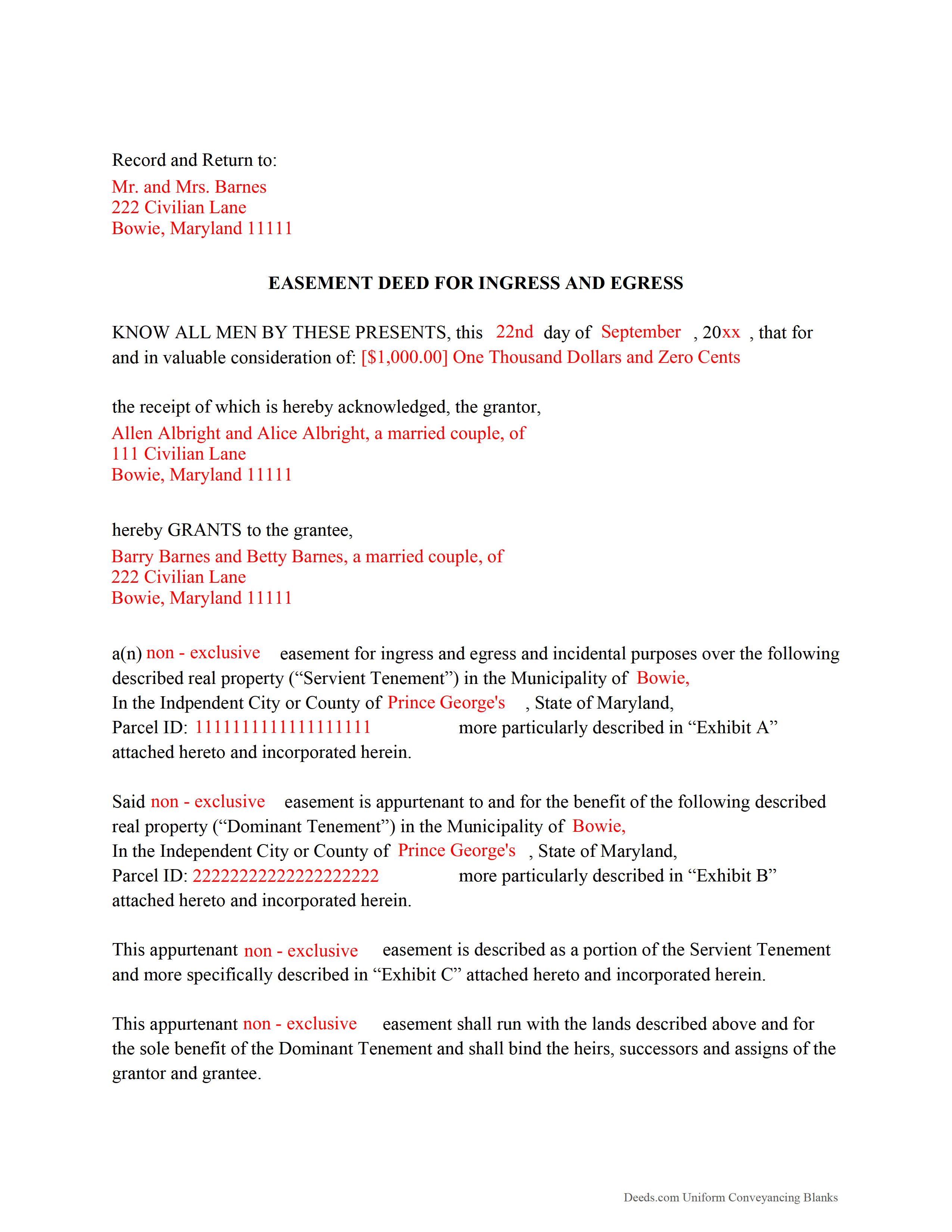 Anne Arundel County Easement Deed Form Maryland