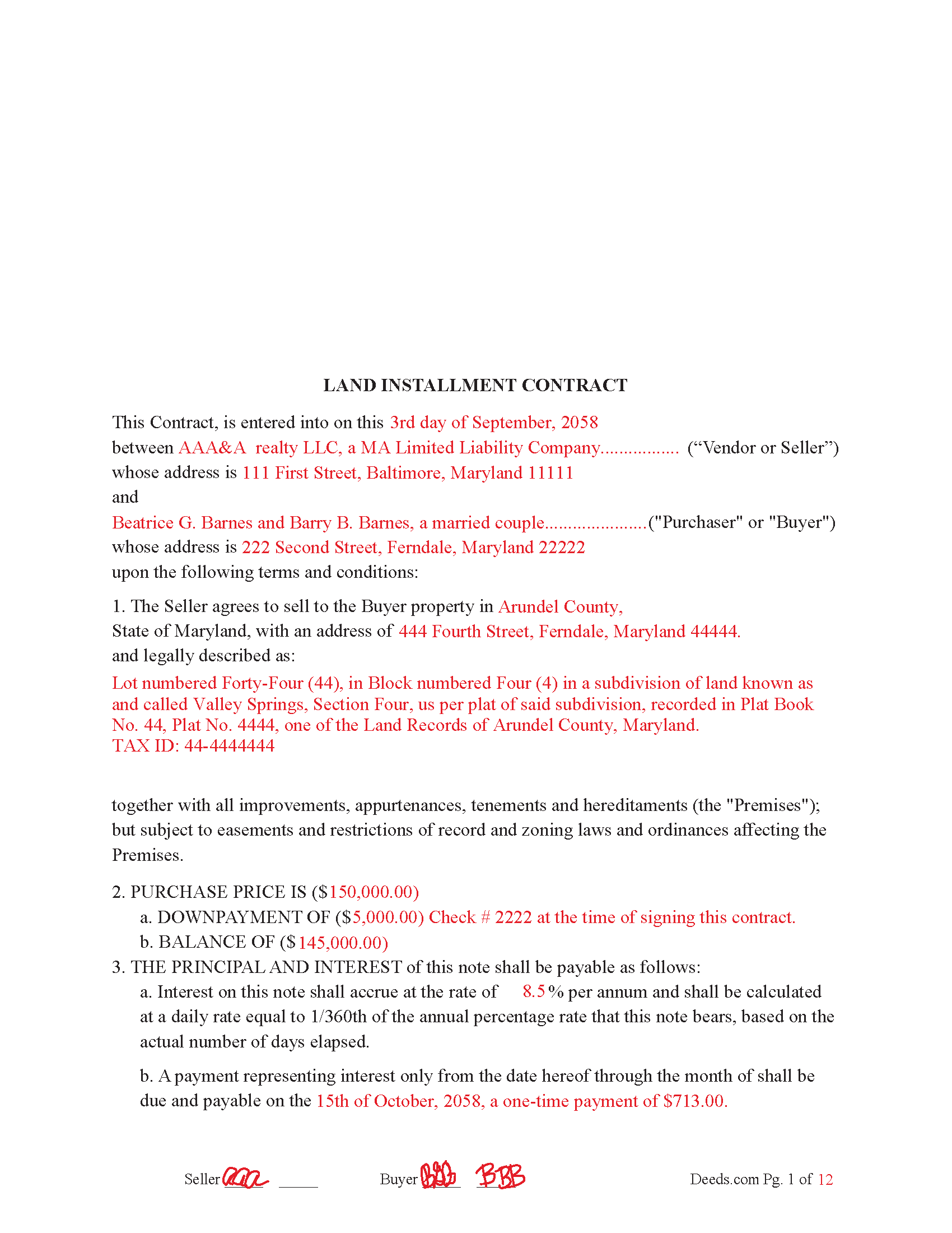 Dorchester County Completed Example of the Land Installment Contract Document
