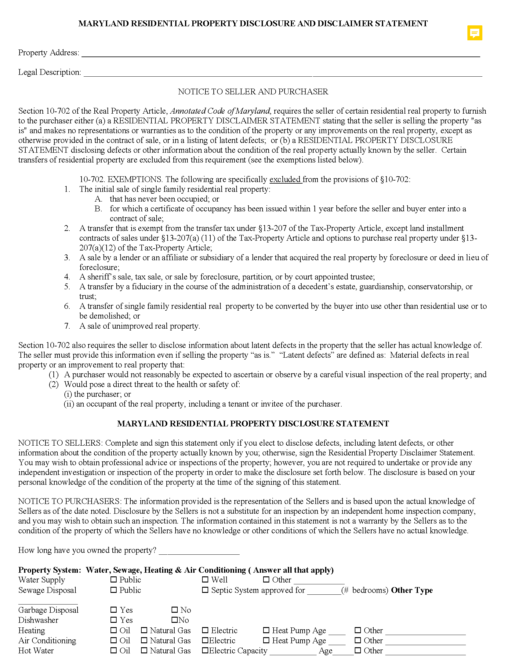 Charles County Sellers Residential Property Disclosure Form