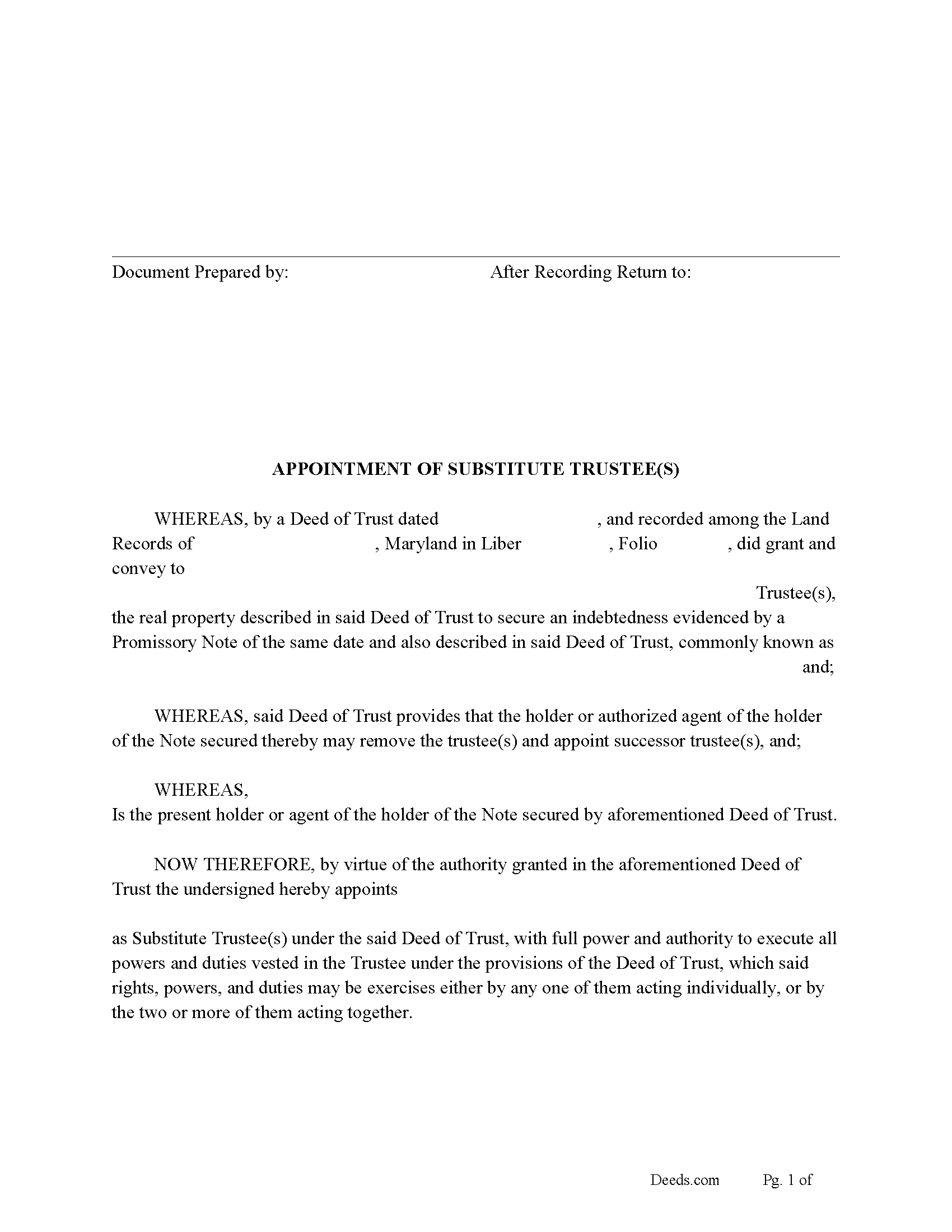 Maryland APPOINTMENT OF SUBSTITUTE TRUSTEE(s) - for Deed of Trust Image