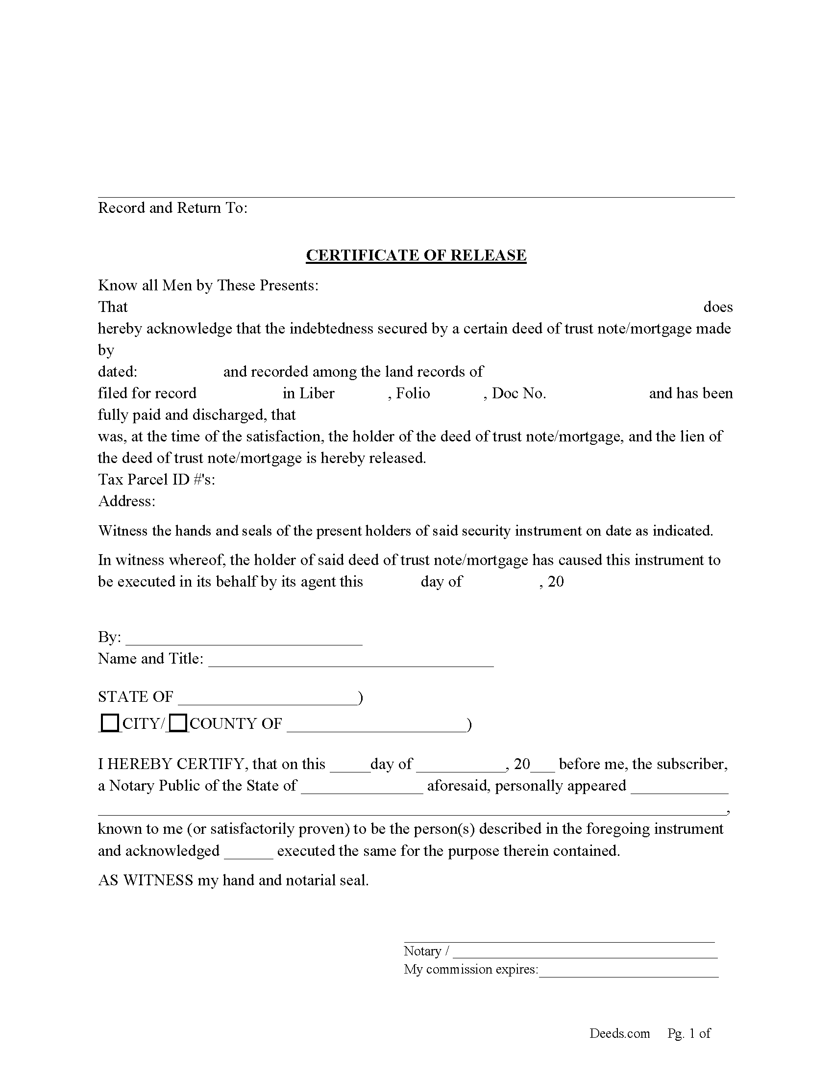 CERTIFICATE OF RELEASE for Deed of Trust or Mortgage