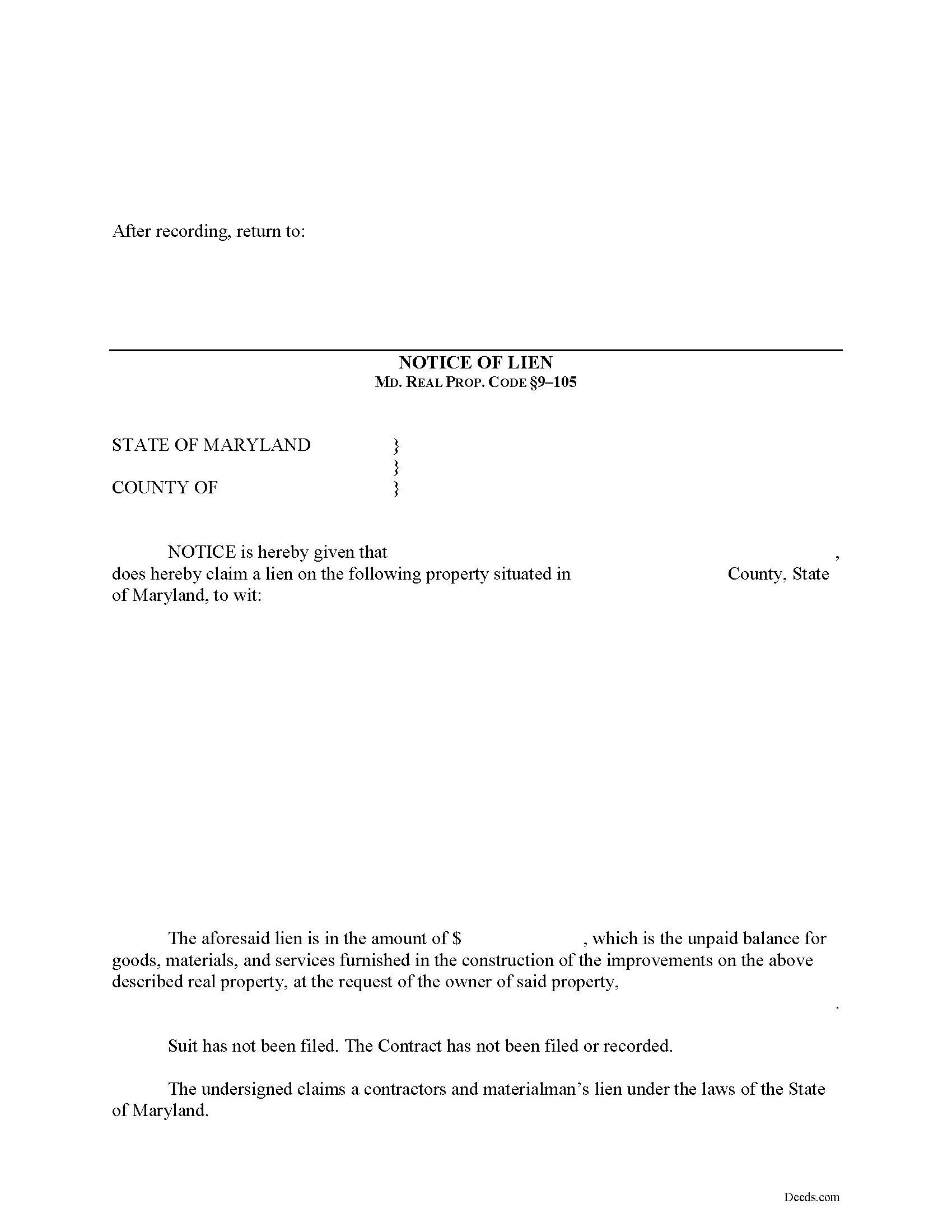 Maryland Notice of Mechanics Lien Image