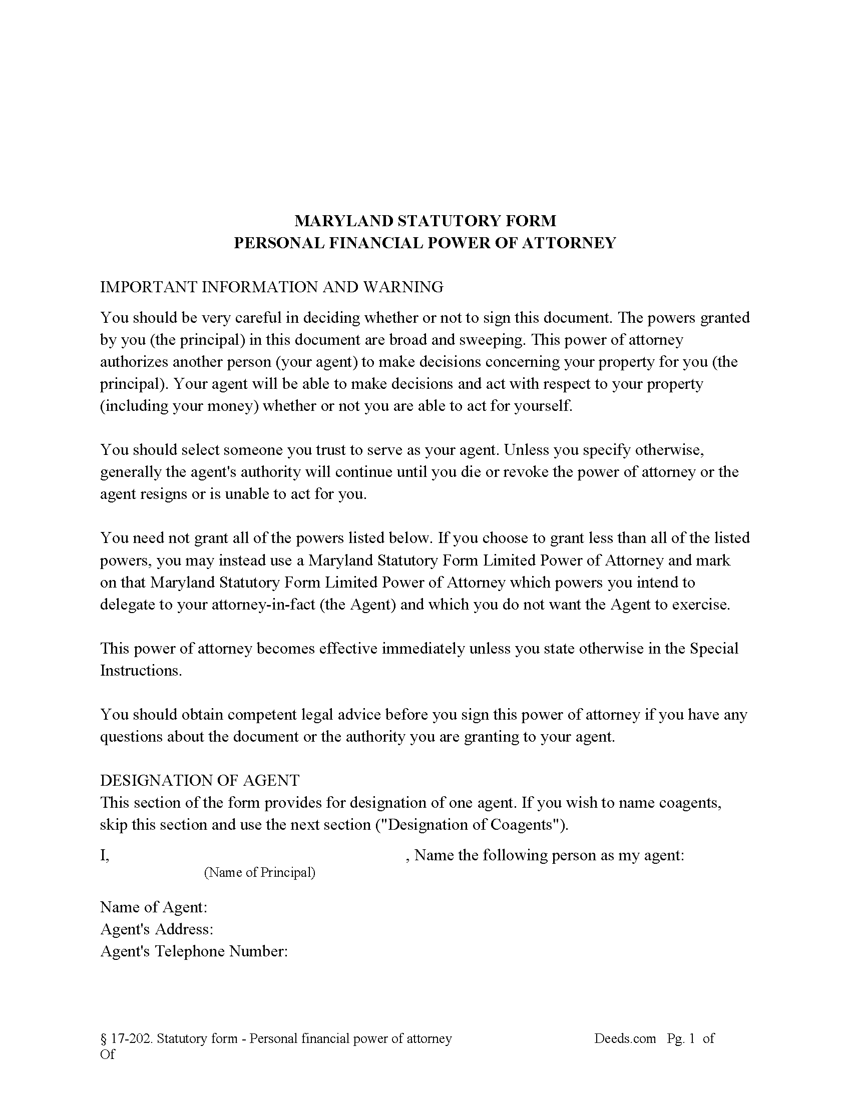 Maryland Personal Financial Power of Attorney Statutory Form Image