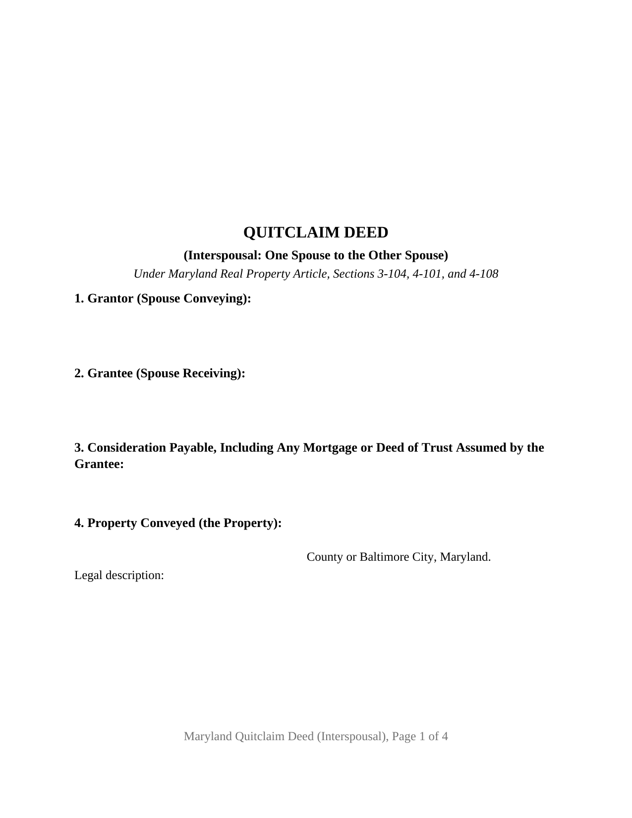 Maryland Quitclaim Deed (Interspousal)