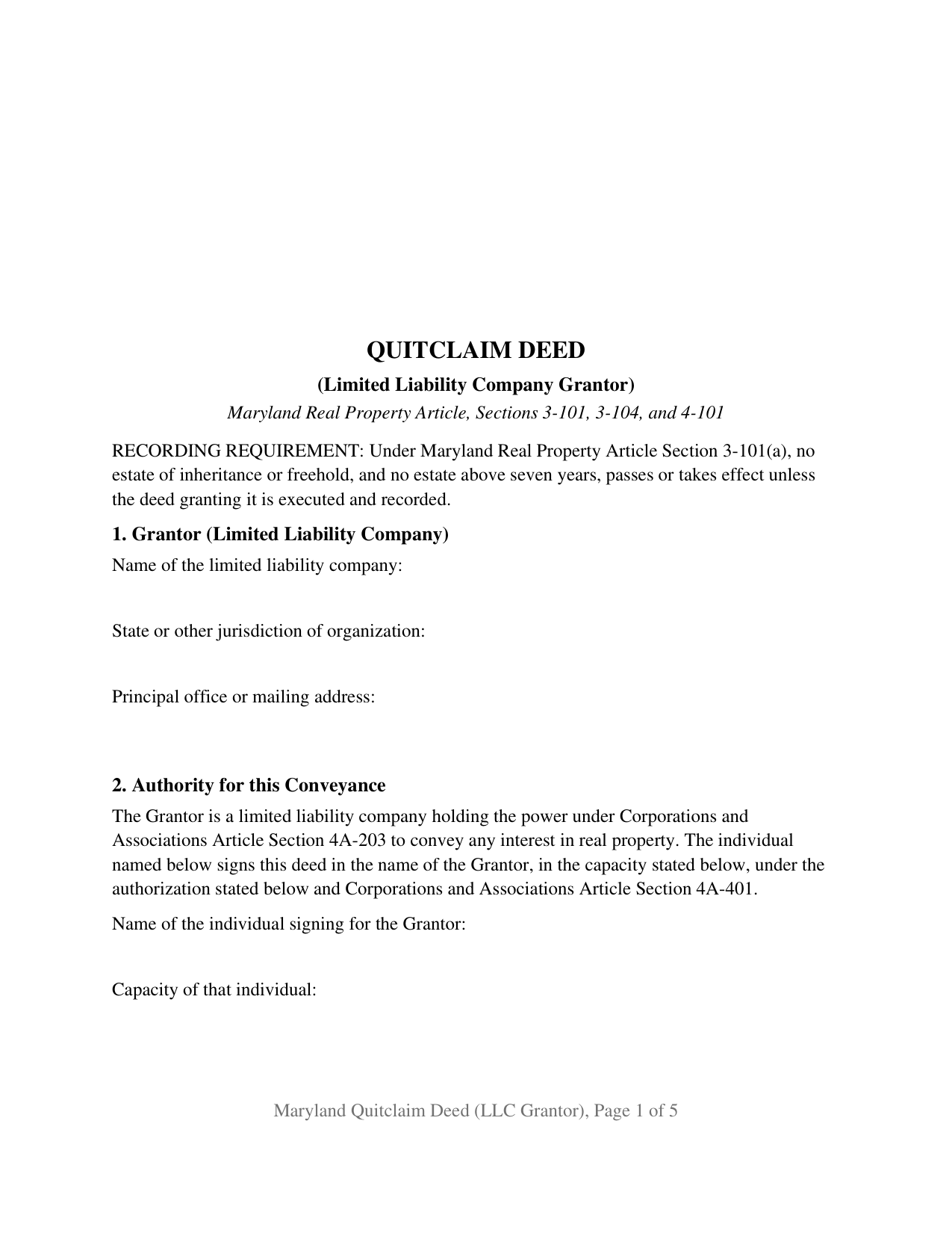 Maryland Quitclaim Deed (LLC Grantor)