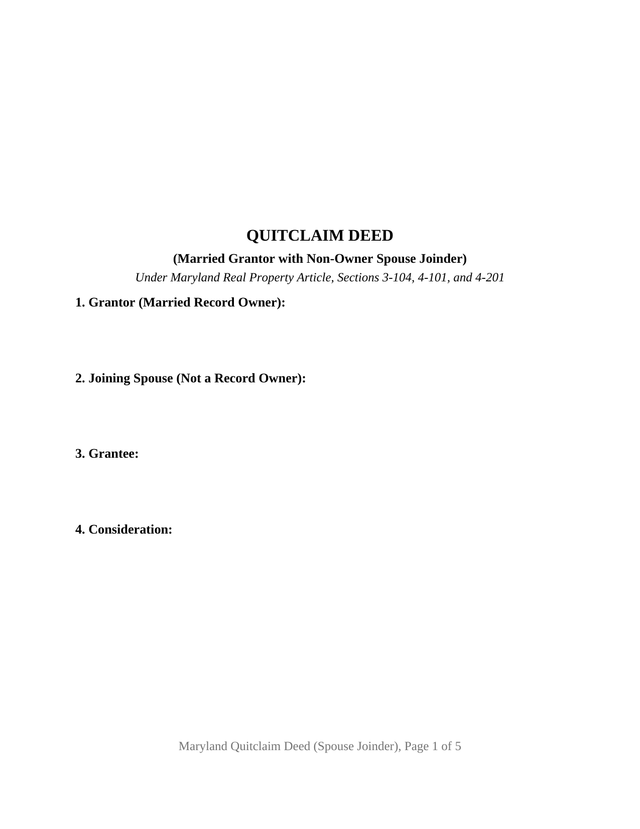 Maryland Quitclaim Deed (Married Grantor with Non-Owner Spouse Joinder)
