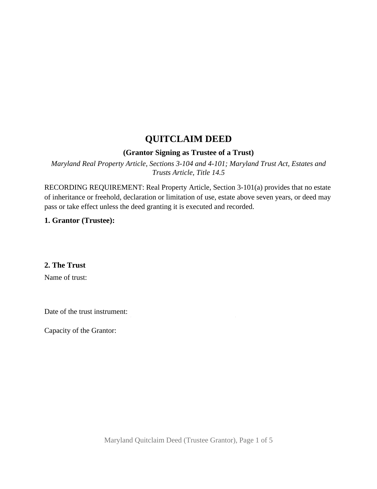 Maryland Quitclaim Deed (Trustee Grantor)