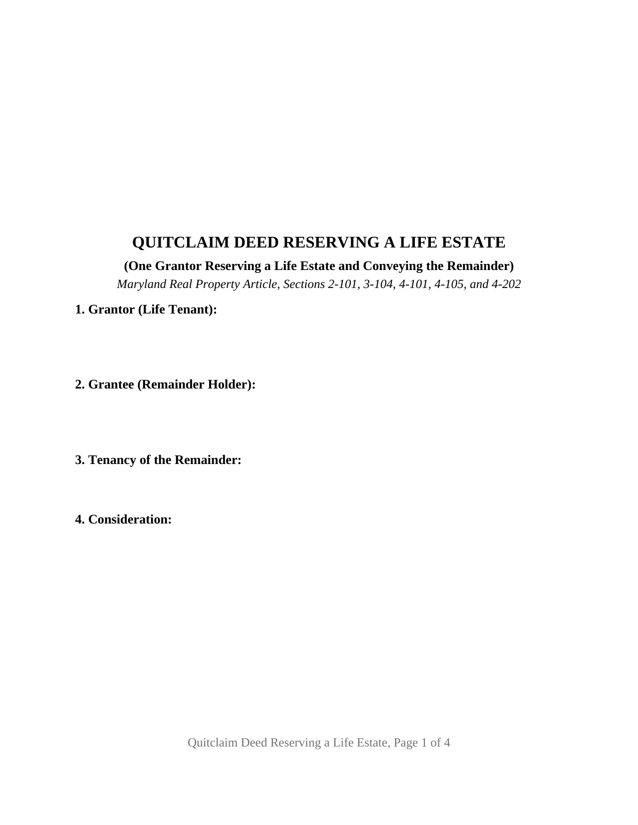 Maryland Quitclaim Deed (Reserving Life Estate)