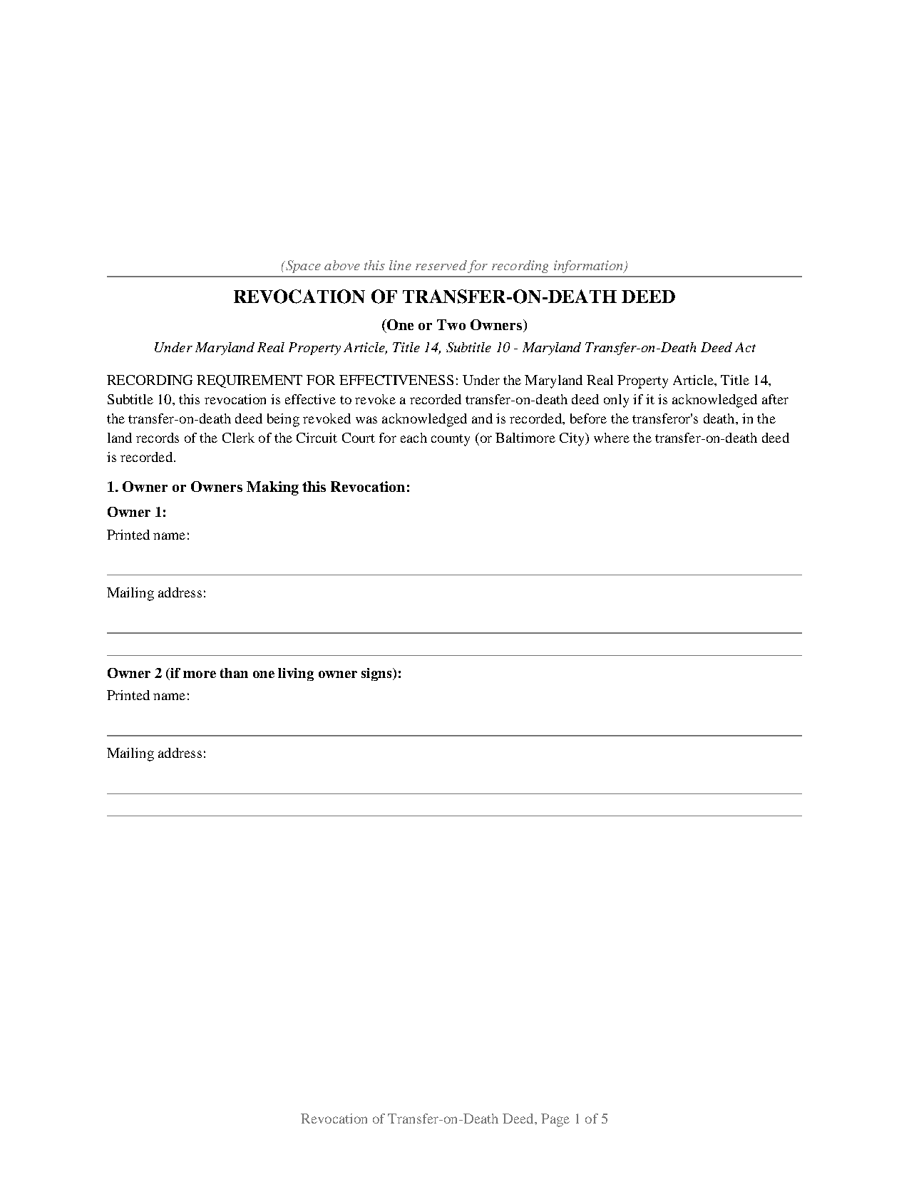 Maryland Revocation of Transfer-on-Death Deed (One or Two Owners)