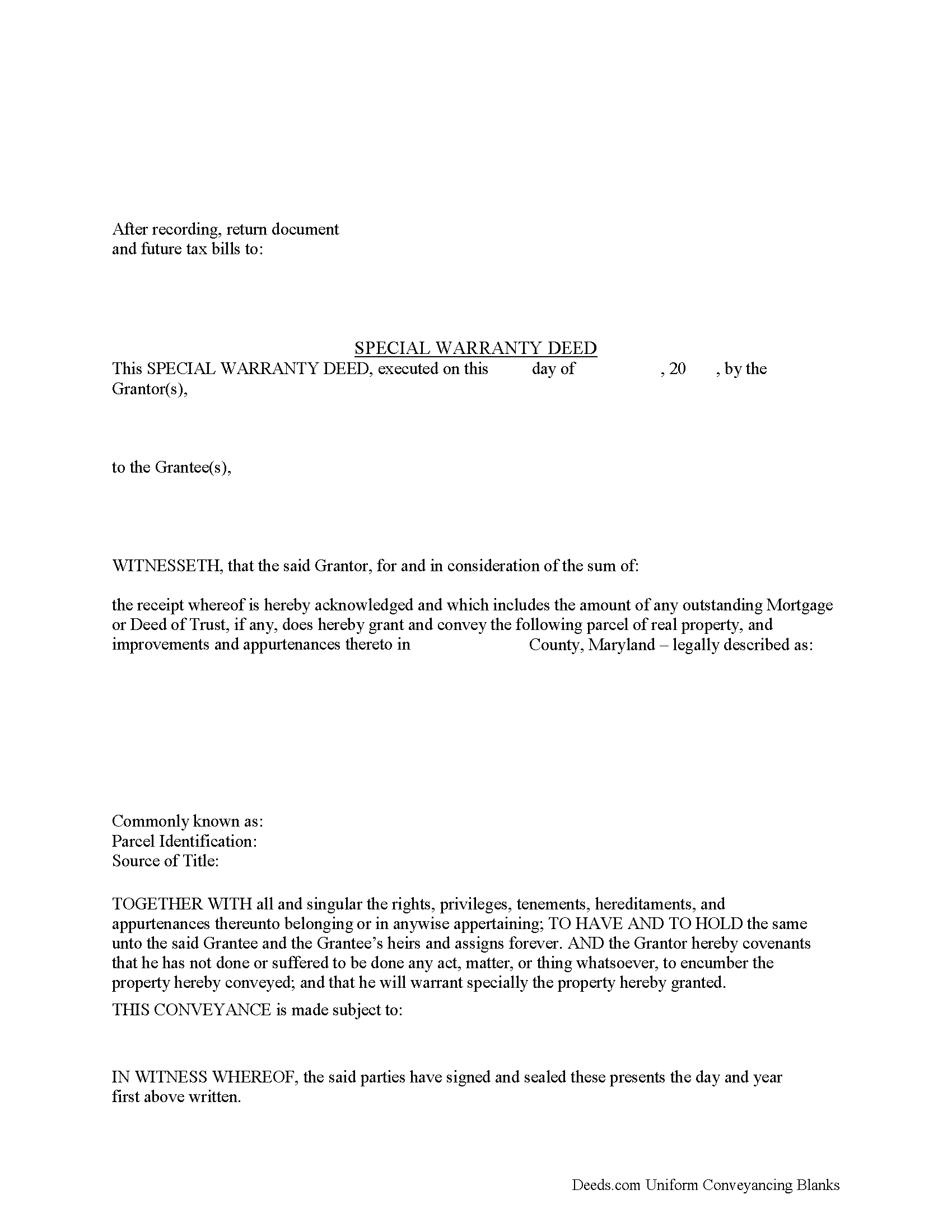 Maryland Special Warranty Deed Image