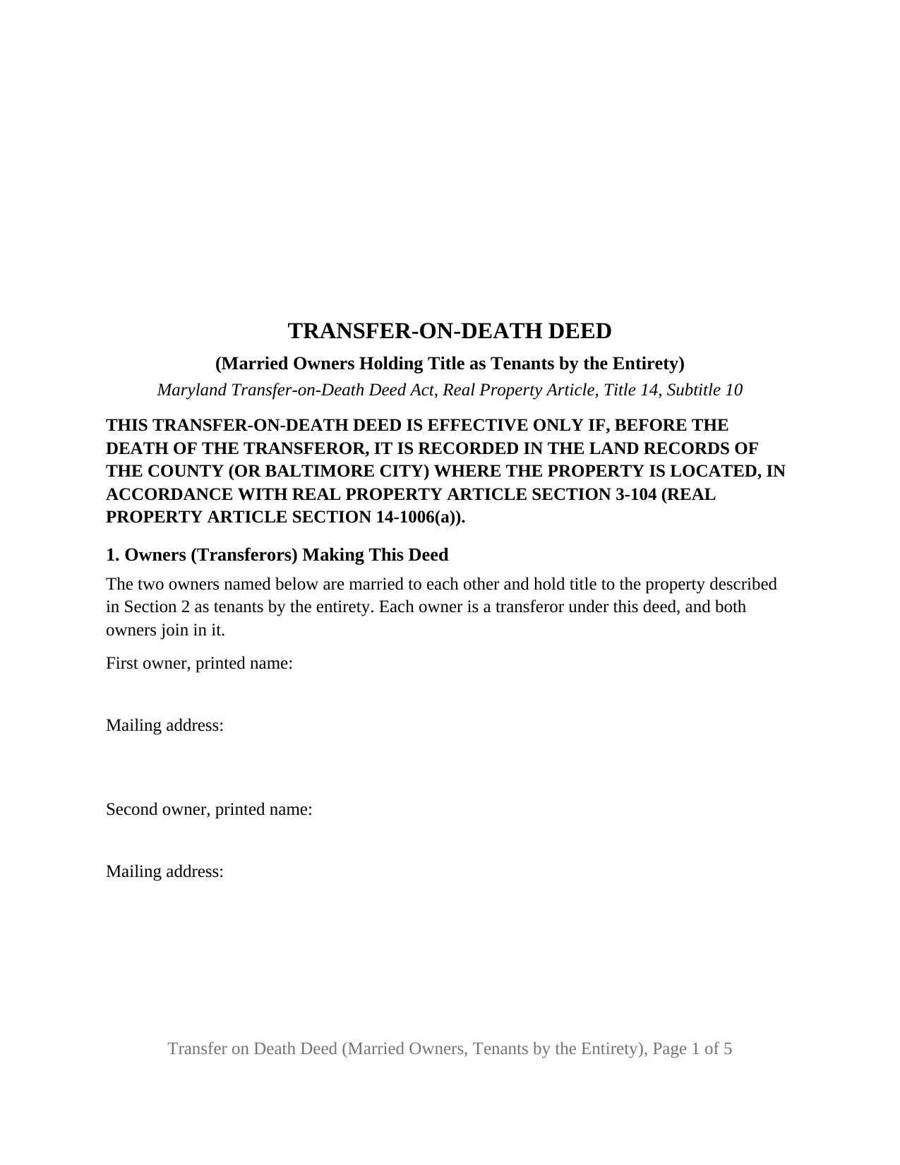 Maryland Transfer on Death Deed (Married Owners, Tenants by the Entirety)