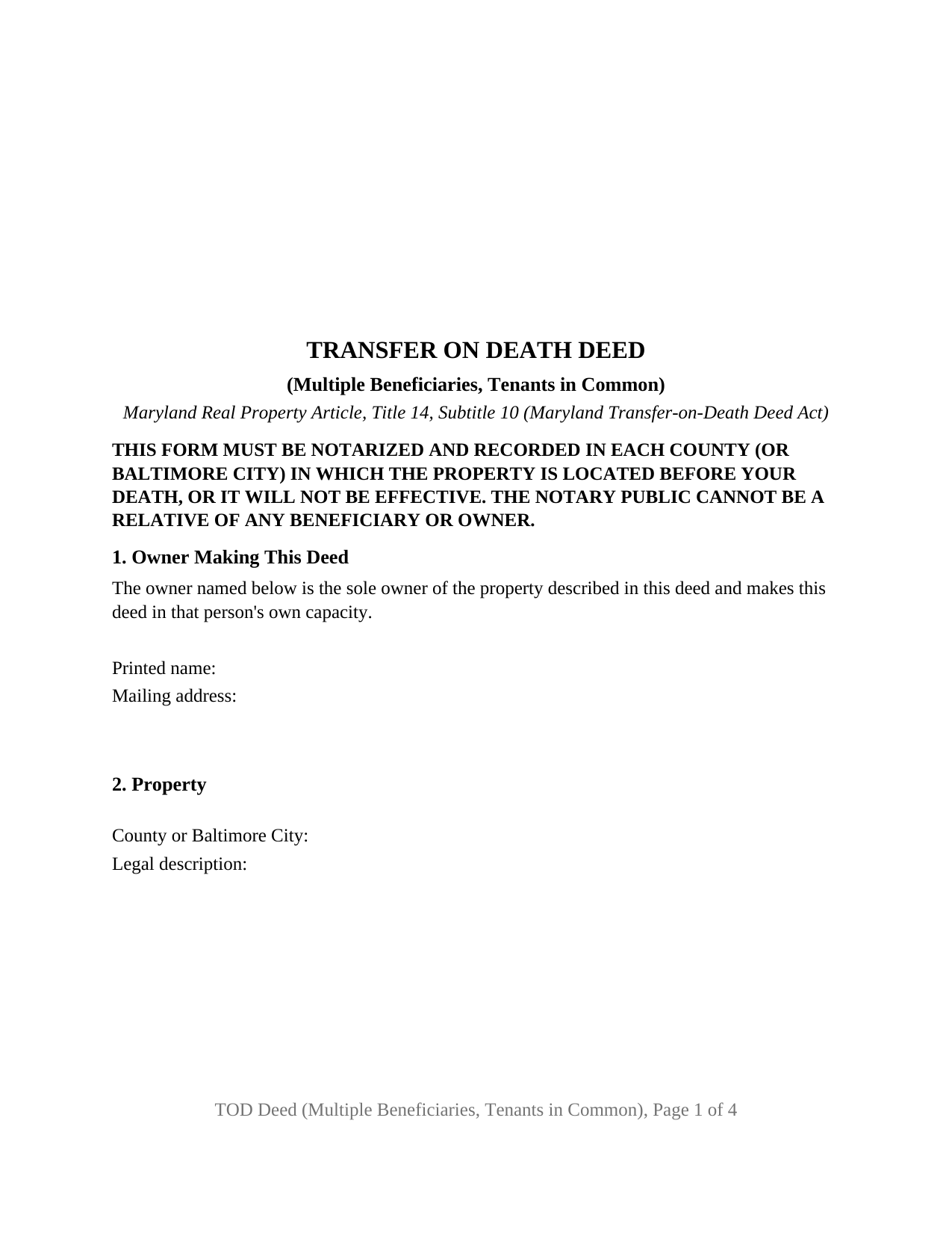 Maryland Transfer on Death Deed (Multiple Beneficiaries, Tenants in Common)