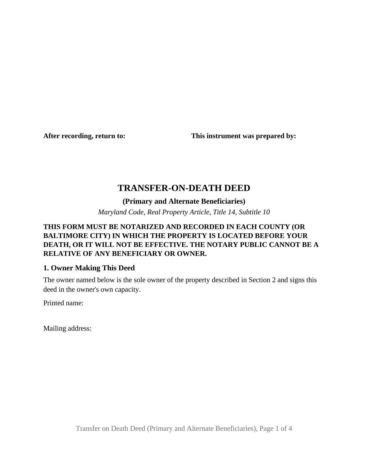 Maryland Transfer on Death Deed (Primary and Alternate Beneficiaries)