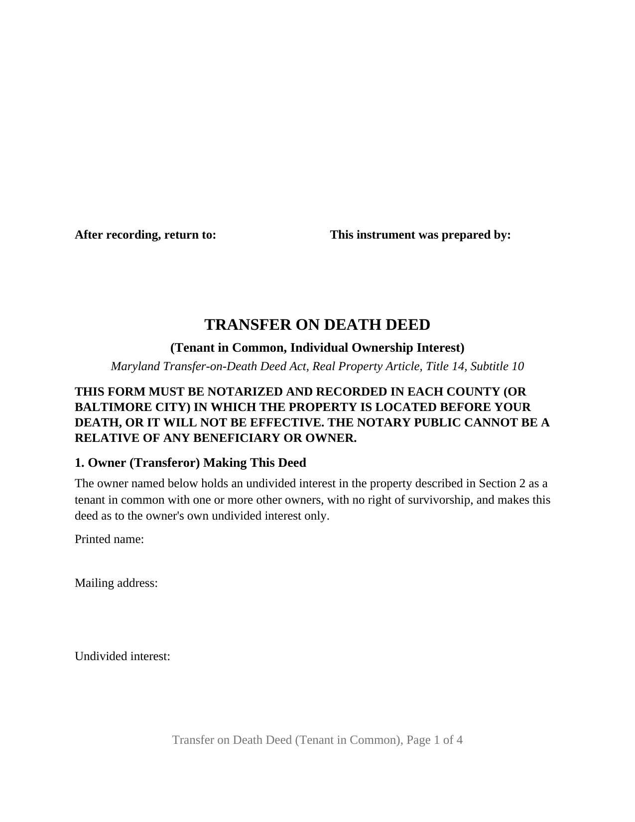 Maryland Transfer on Death Deed (Tenant in Common, Individual Ownership Interest)