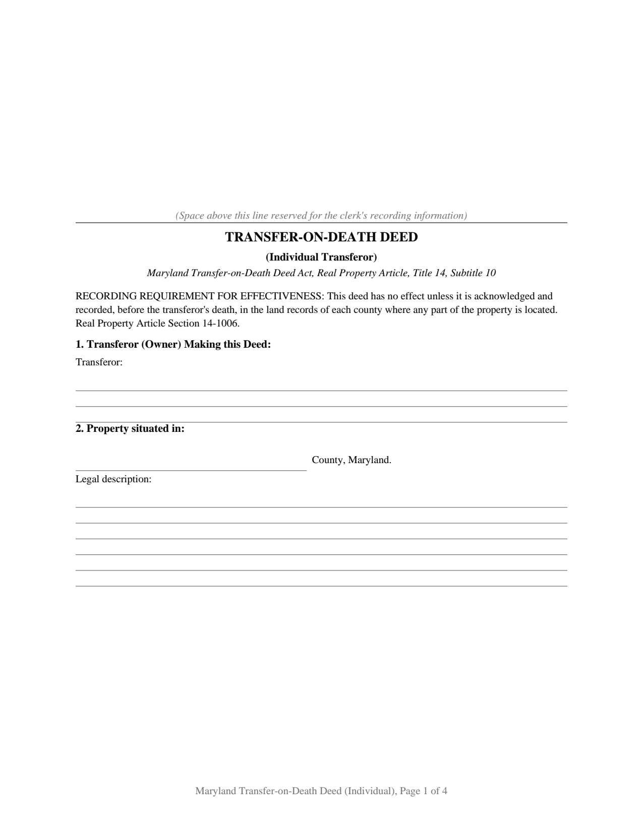 Maryland Transfer-on-Death Deed (Individual)
